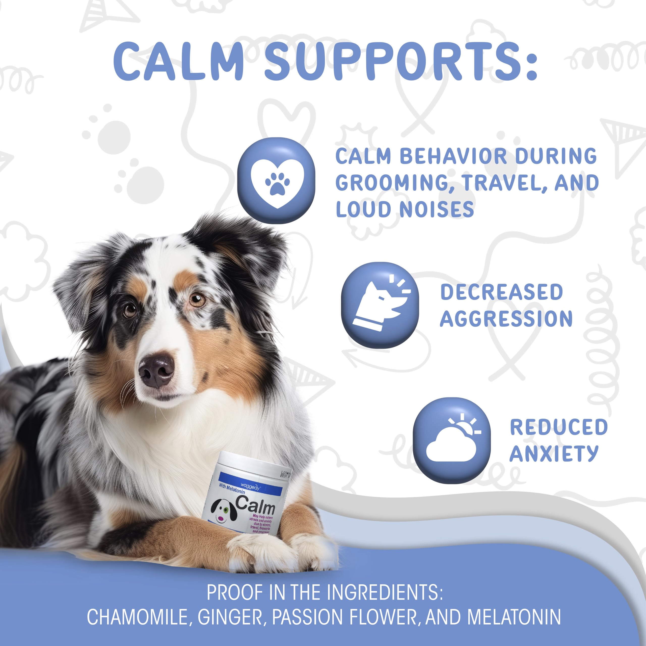 Waggedy Calm With Melatonin To Manage Stress & Anxiety Relief, Dog Supplements & Vitamins (60 Pet Calming Chews)