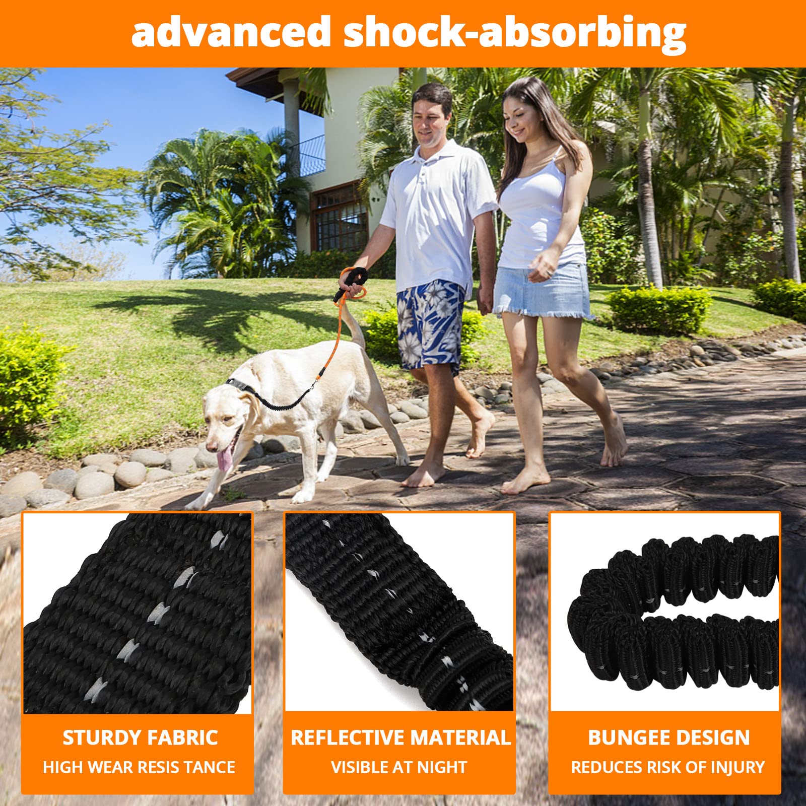 Rope Dog Leash 4 Ft: Heavy Duty Leashes With Swivel Lockable Hook Reflective Threads Bungee And Padded Handle - Dog Lead For Large Small Medium Dogs Outside Walking Hiking Orange