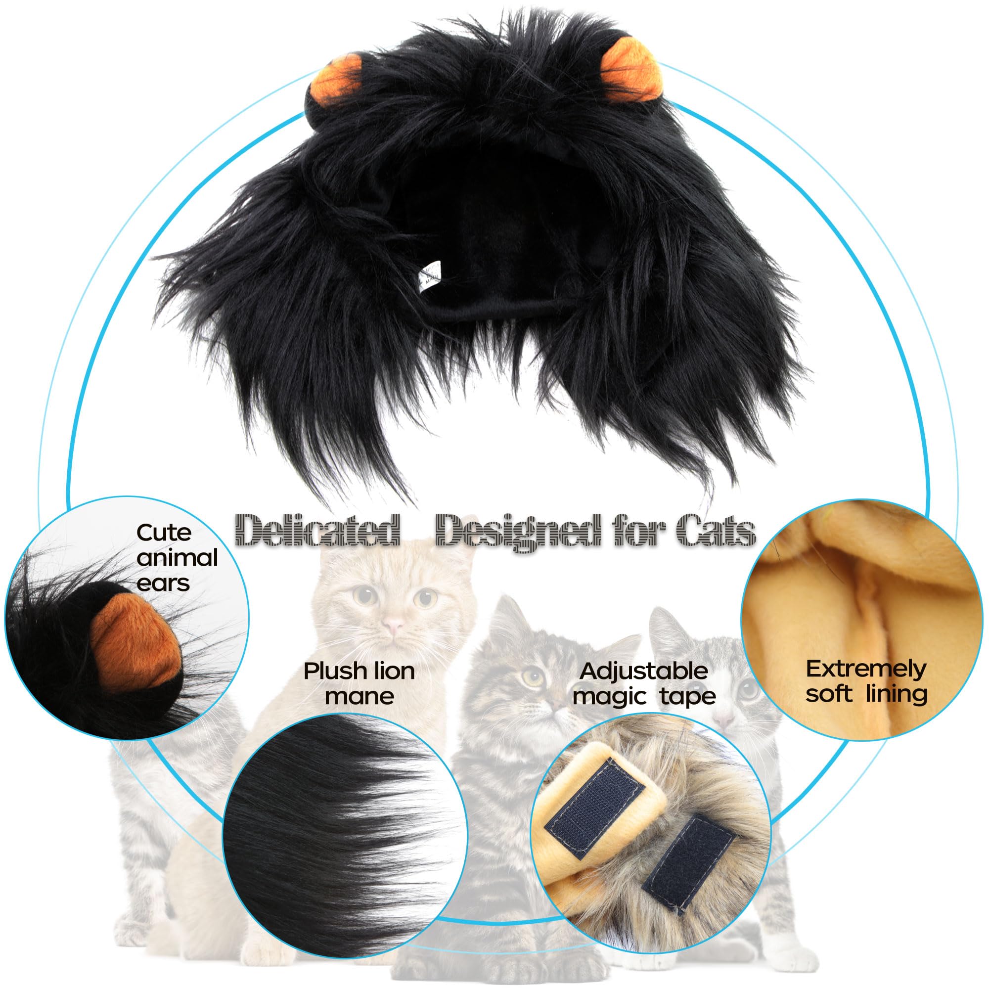 Rosylife Lion Mane Wig For Cat Costume Pet Adjustable Washable Comfortable Fancy Lion Hair Cat Clothes Dress For Halloween Christmas Easter Festival Party Activity (Medium, Black)