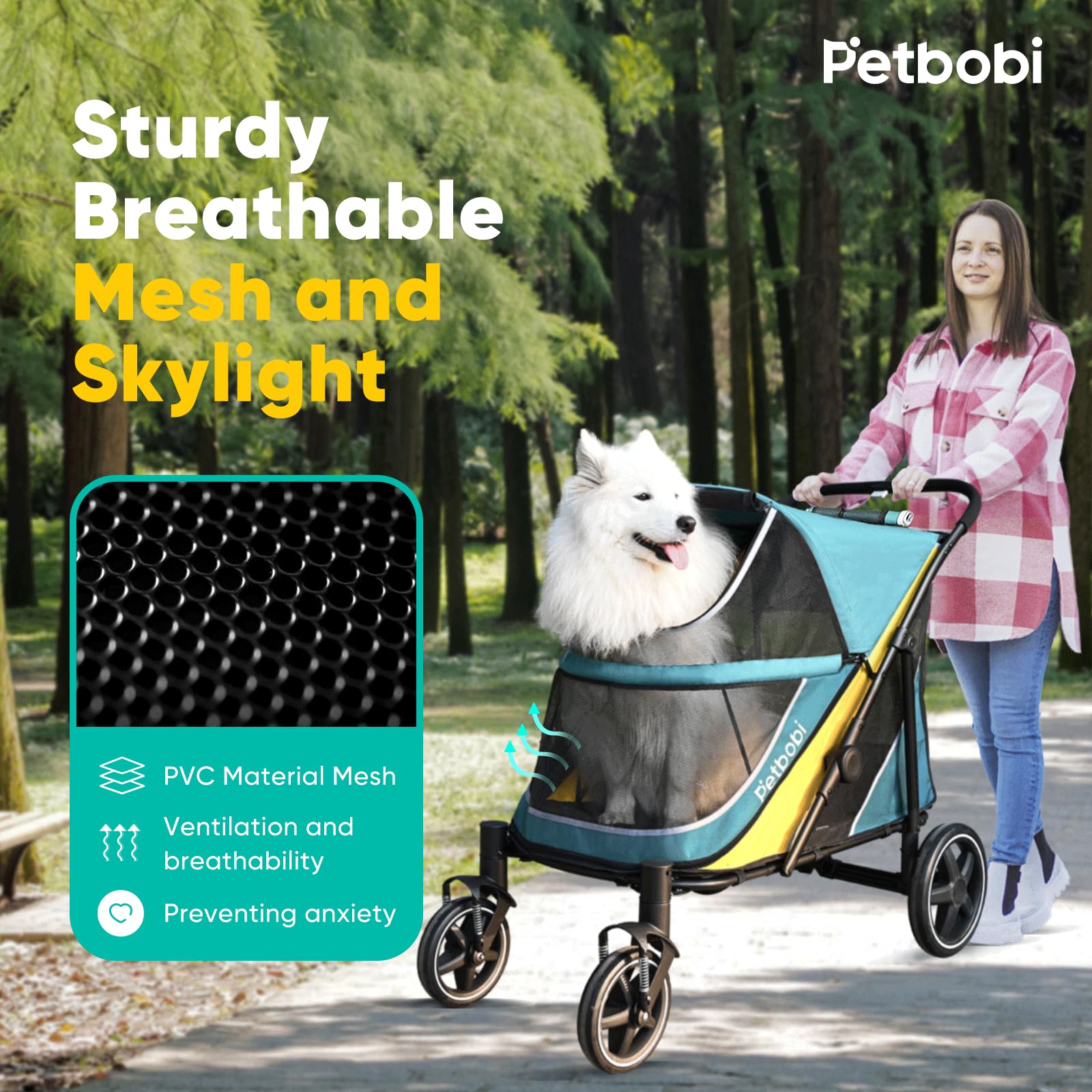 Petbobi Dog Stroller For Medium Dogs - Easy Fold Dual Entry Pet Stroller With One-Foot Brake, All Terrain Wagon Cart With Large