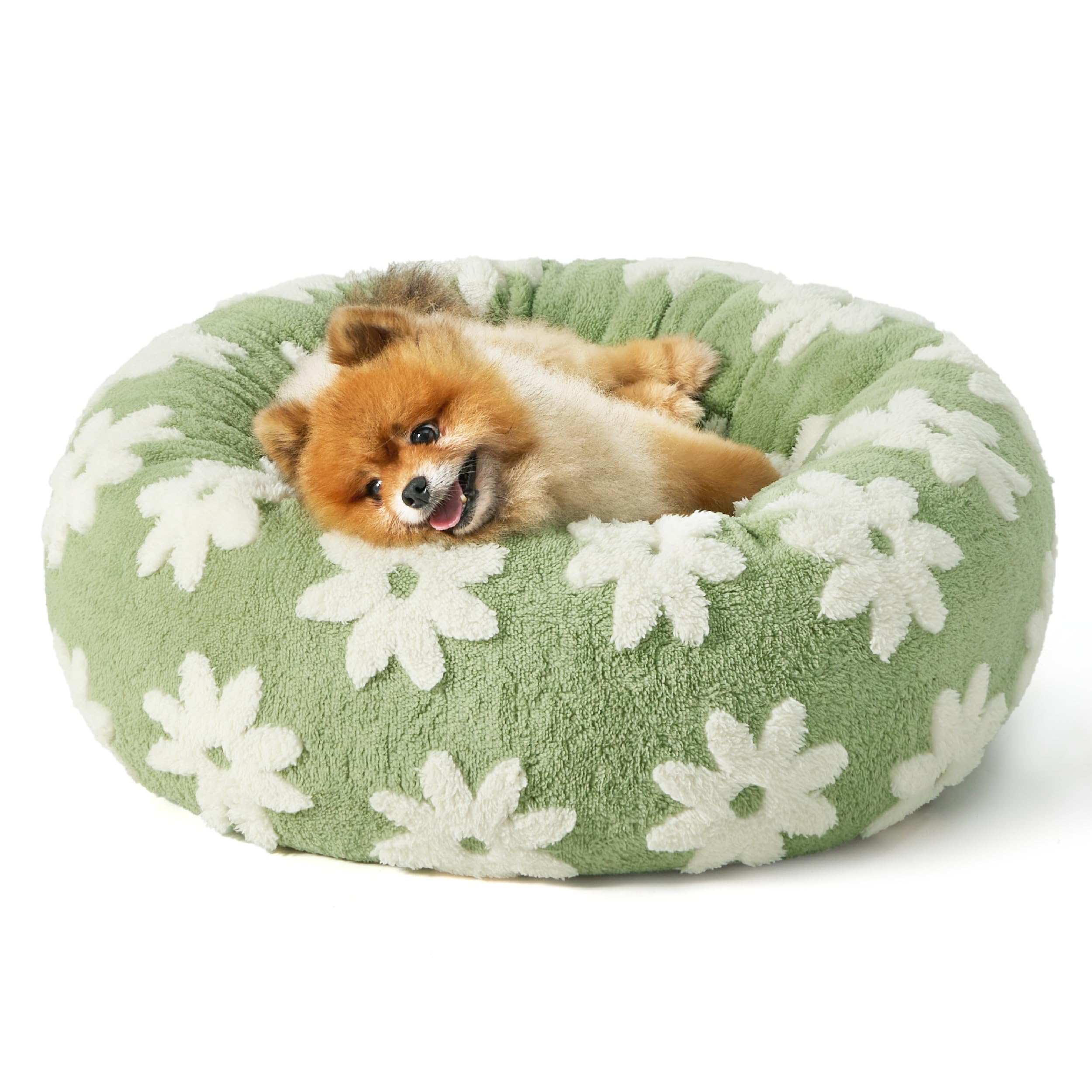 Lesure Small Dog And Cat Bed - Round Calming Beds, Cute Modern Design With Jacquard Shaggy Plush, Anti-Slip Bottom, 23 Inch, Gre