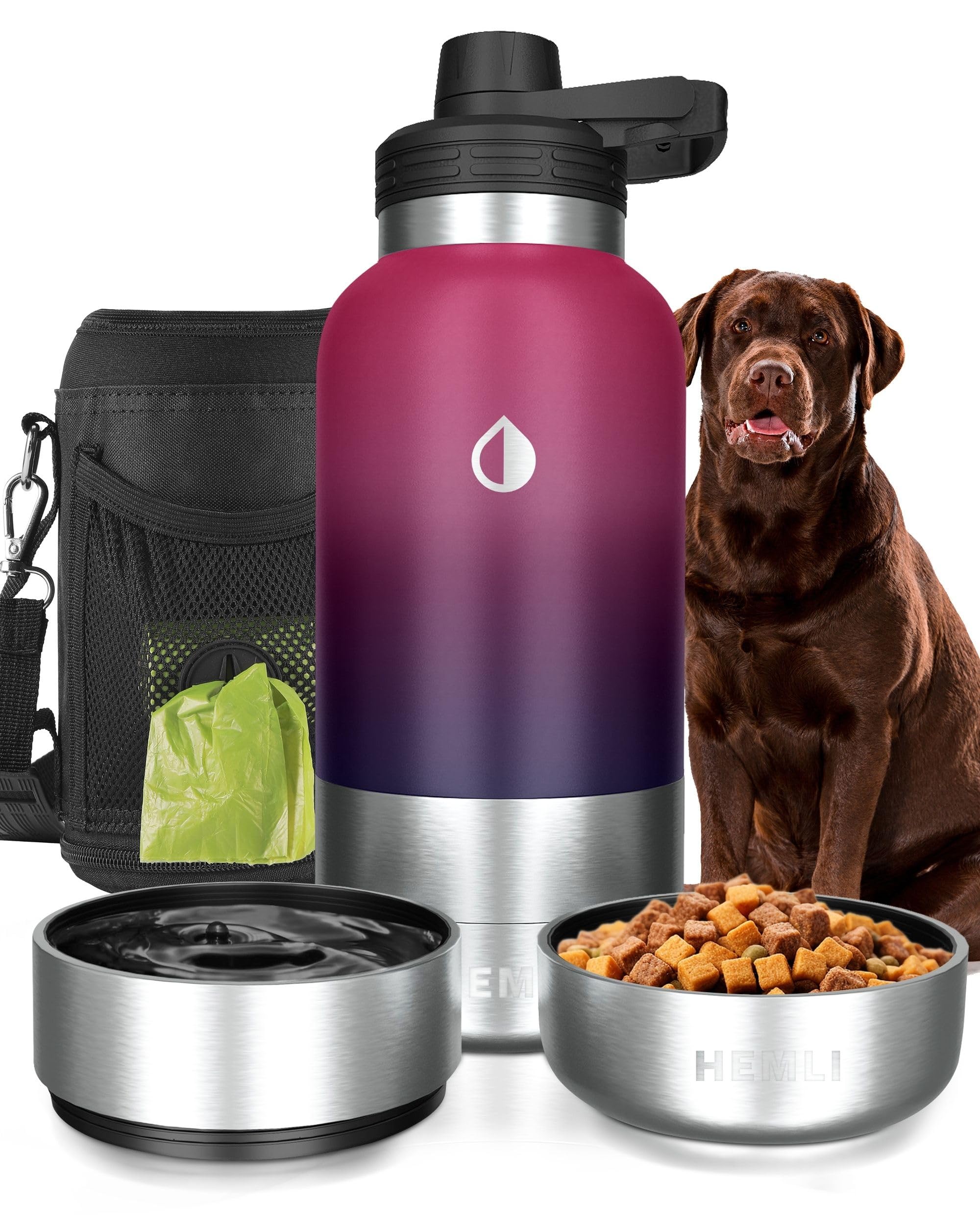 HEMLI 32 oz. Dog Water Bottle, Insulated Dog Travel Water Bottle, Stainless Steel Pet Water Bottle Dispenser Portable Food and W