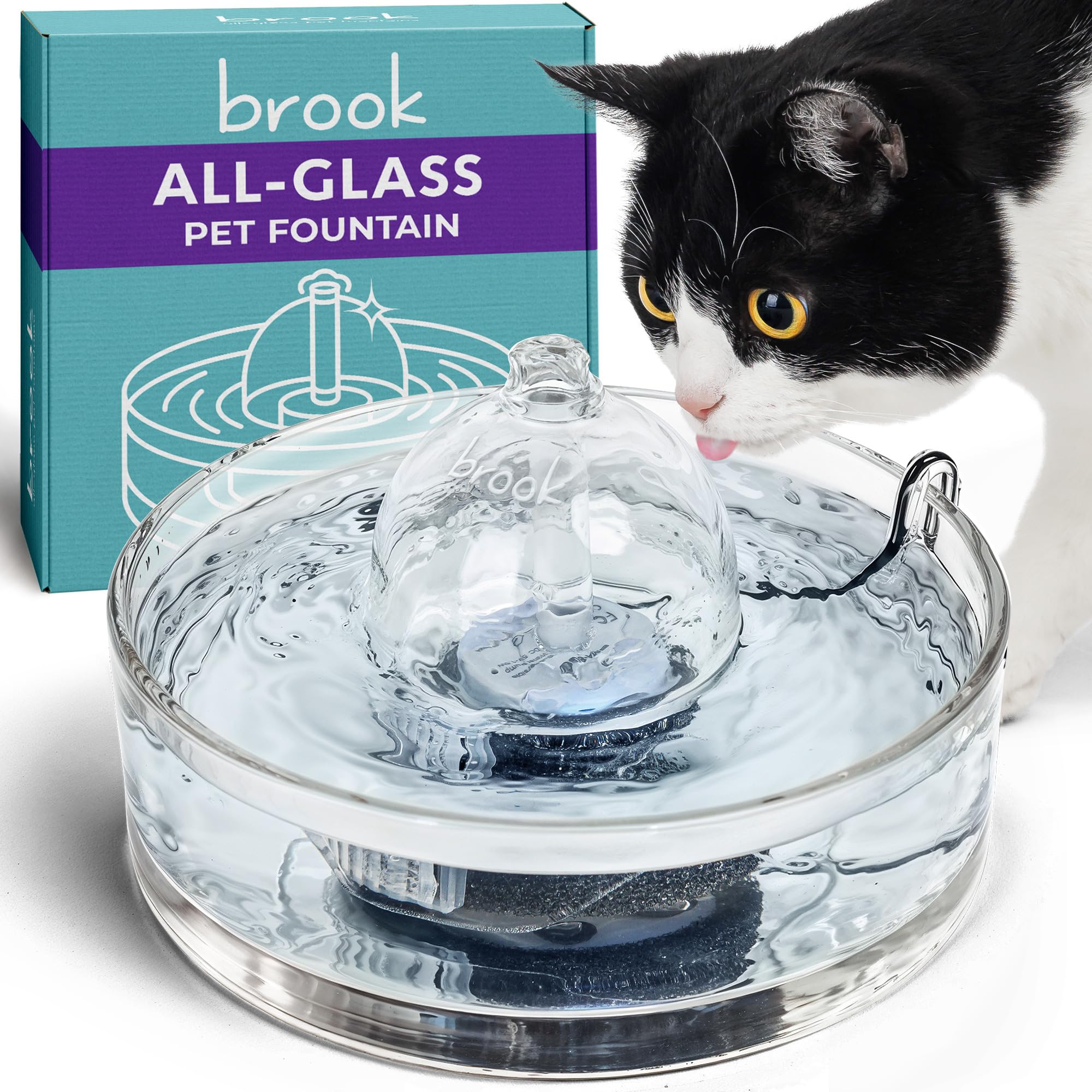 Brook Glass Pet Fountain (90Oz/2.7L) - Cat Water Fountain & Small Dog Drinking Fountain - Automatic Water Dispenser Cat Fountain