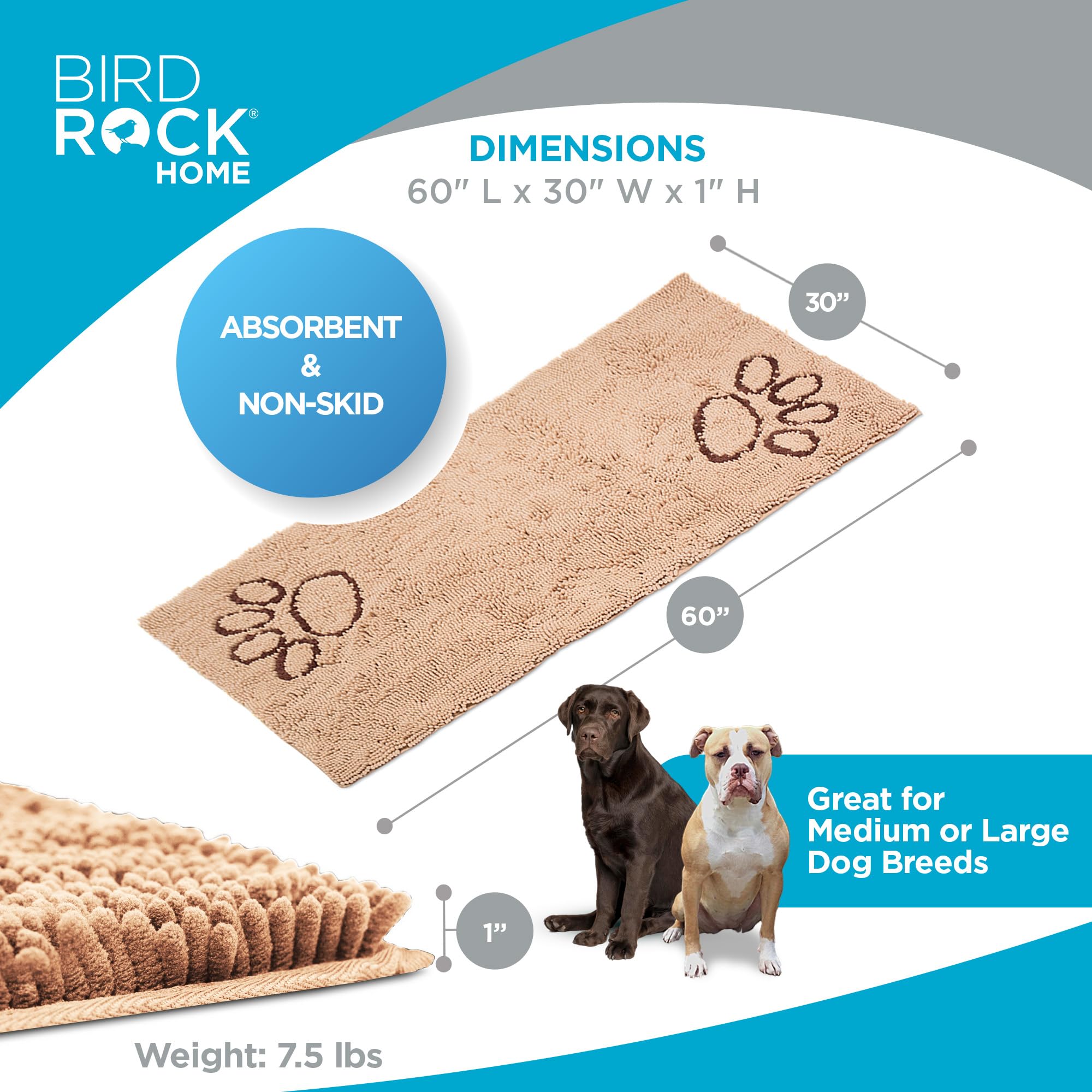 Birdrock Home Chenille Dog Doormat - Absorbent Surface To Keep Floors Clean, Non-Skid Bottom For Safety, Ultra-Soft & Durable, I
