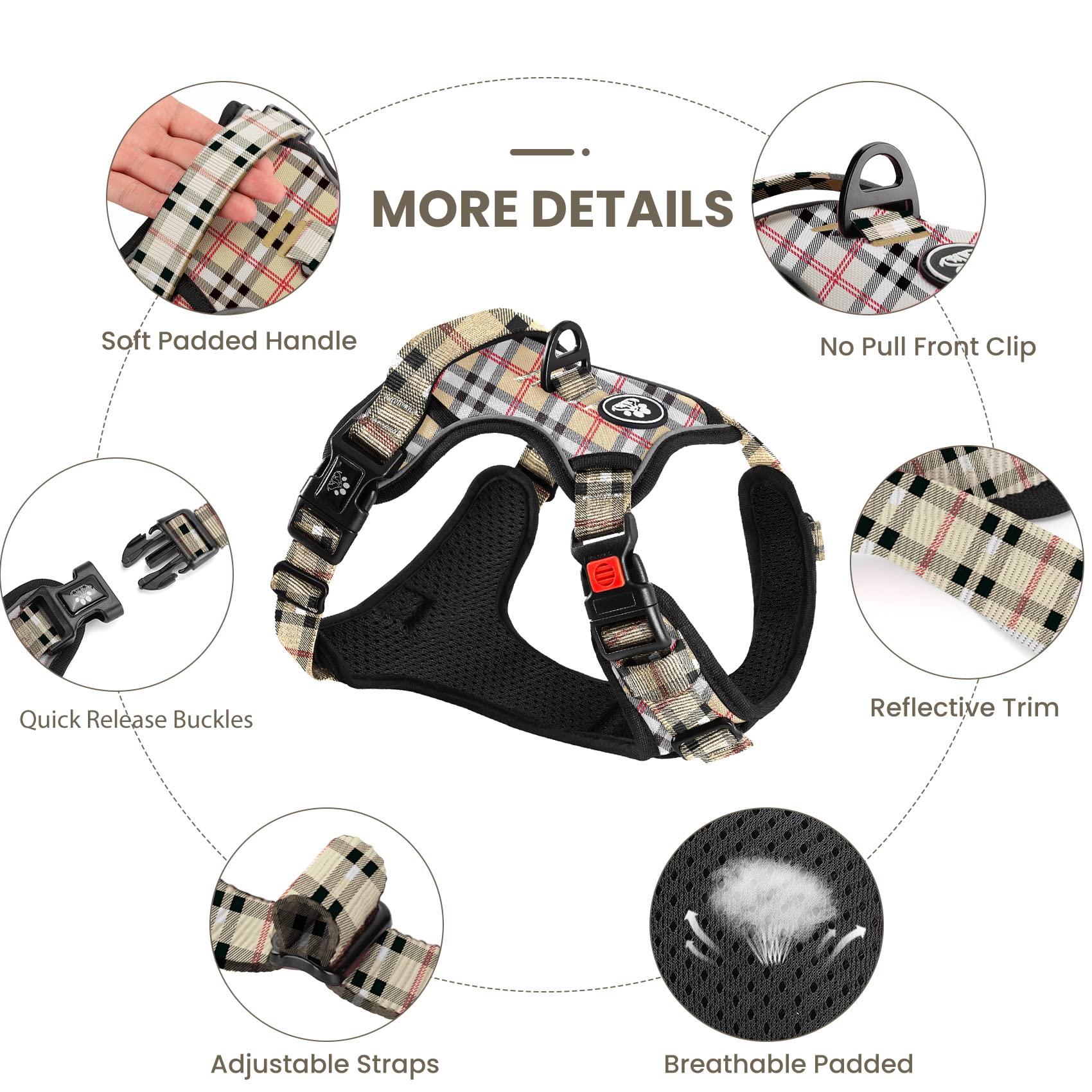 Furryfection Plaid Dog Harness For Large Dogs | No Pull Reflective Pet Harness | No Choke Adjustable Dog Vest Harnesses | With Leash | Easy Control Handle | Front Lead | Seat Belt | Beige&White | Xl