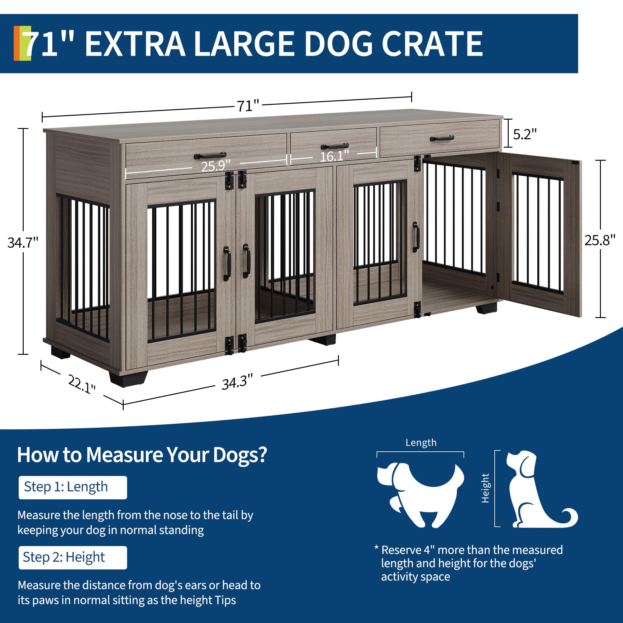 71 in Large Dog Crate Furniture for 2 Dogs with 3 Drawers, Heavy Duty Double Indoor Dog Kennel and TV Stand for Medium Large Dog
