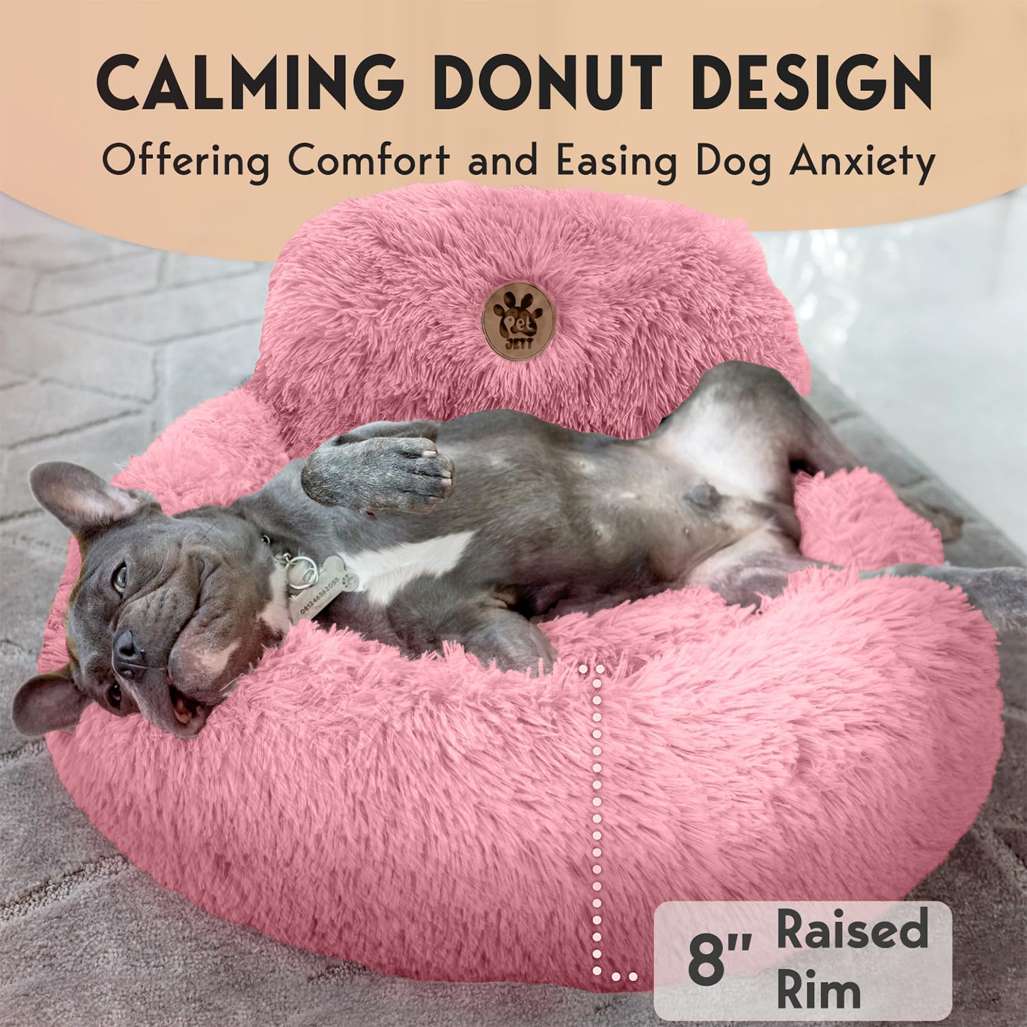 PetJett Calming Dog Bed for Small Dogs - 23 Donut Dog Beds, Anti-Slip & Washable Fluffy Plush Faux Fur Pet Bed, Anti-Anxiety Pre