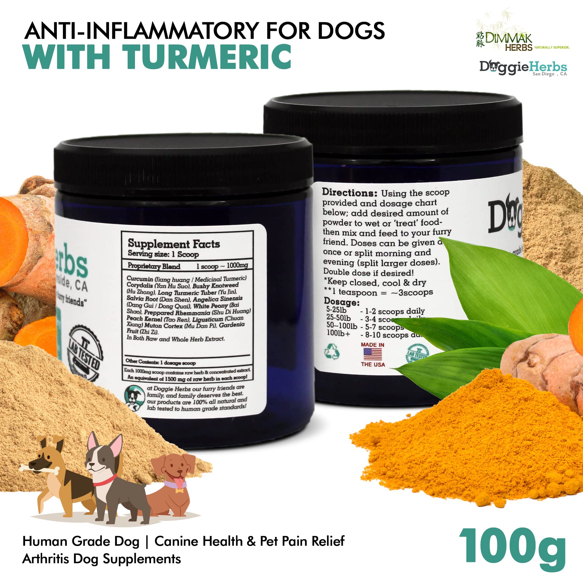 Anti-Inflammatory for Dogs w Turmeric (Curcumin) | Human Grade Dog Pain Relief, Arthritis Supplement - 100g by Doggie Herbs