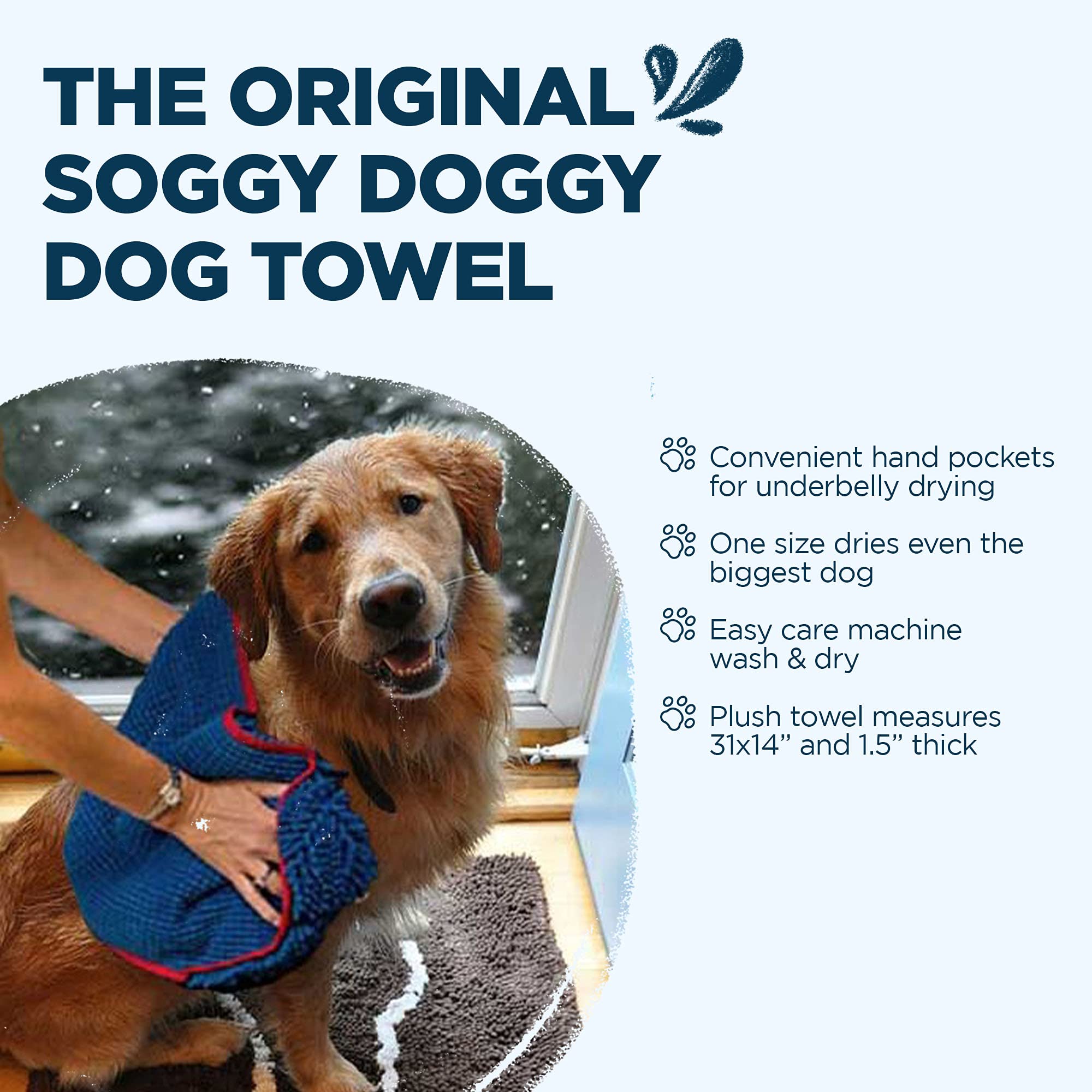 Soggy Doggy Super Shammy Dog Towel, Washable Microfiber Dog Towels For Drying Dogs And Cleaning Paws, Fast-Drying Dog Bath Towel With Hand Pockets, Blue/Red Trim, 31 X 14 Inches