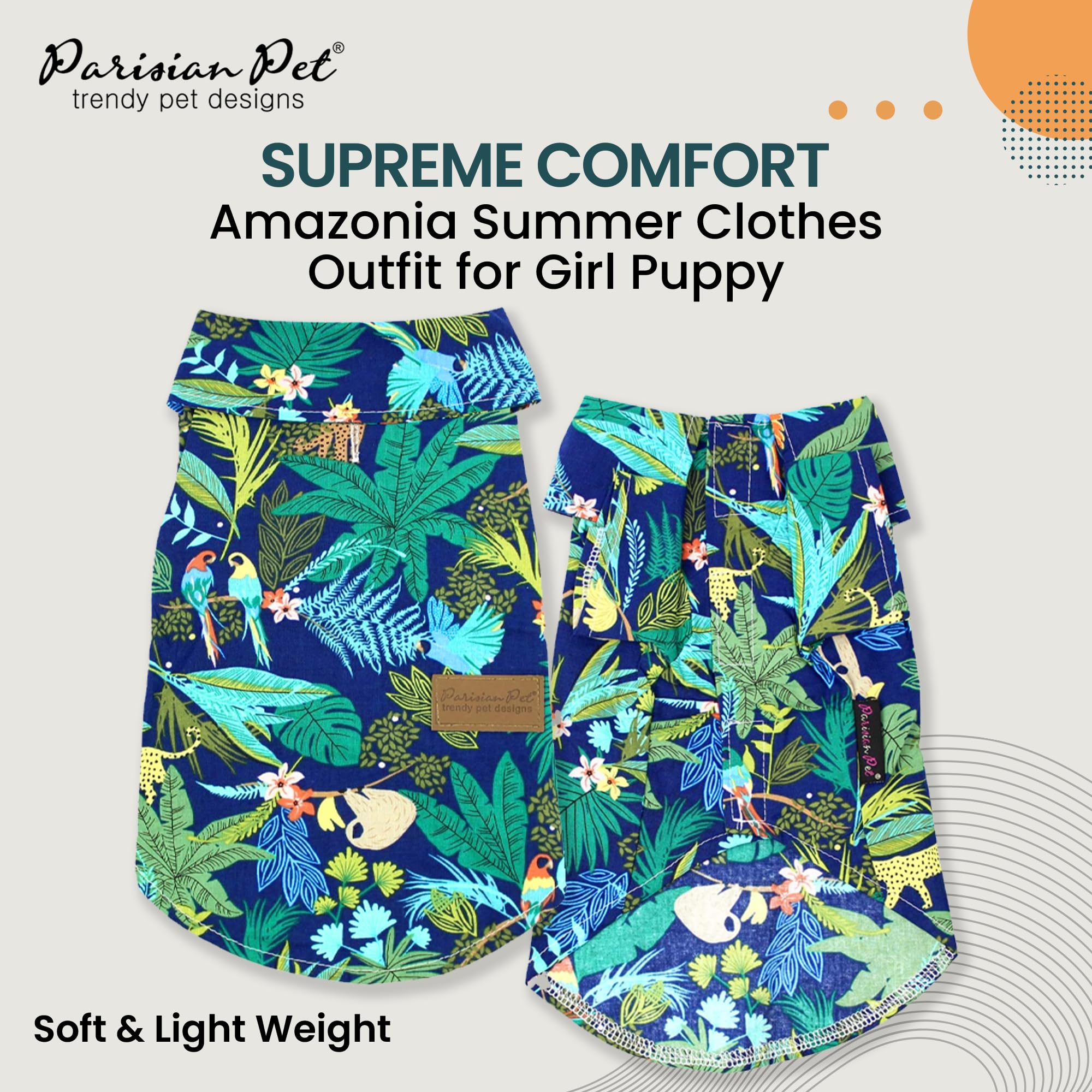 Parisian Pet Unisex Amazonia Shirt - Leafy Beach Outfit - Cotton Summer Clothes - Stylish Hook And Loop Dog Costume - Machine Wa