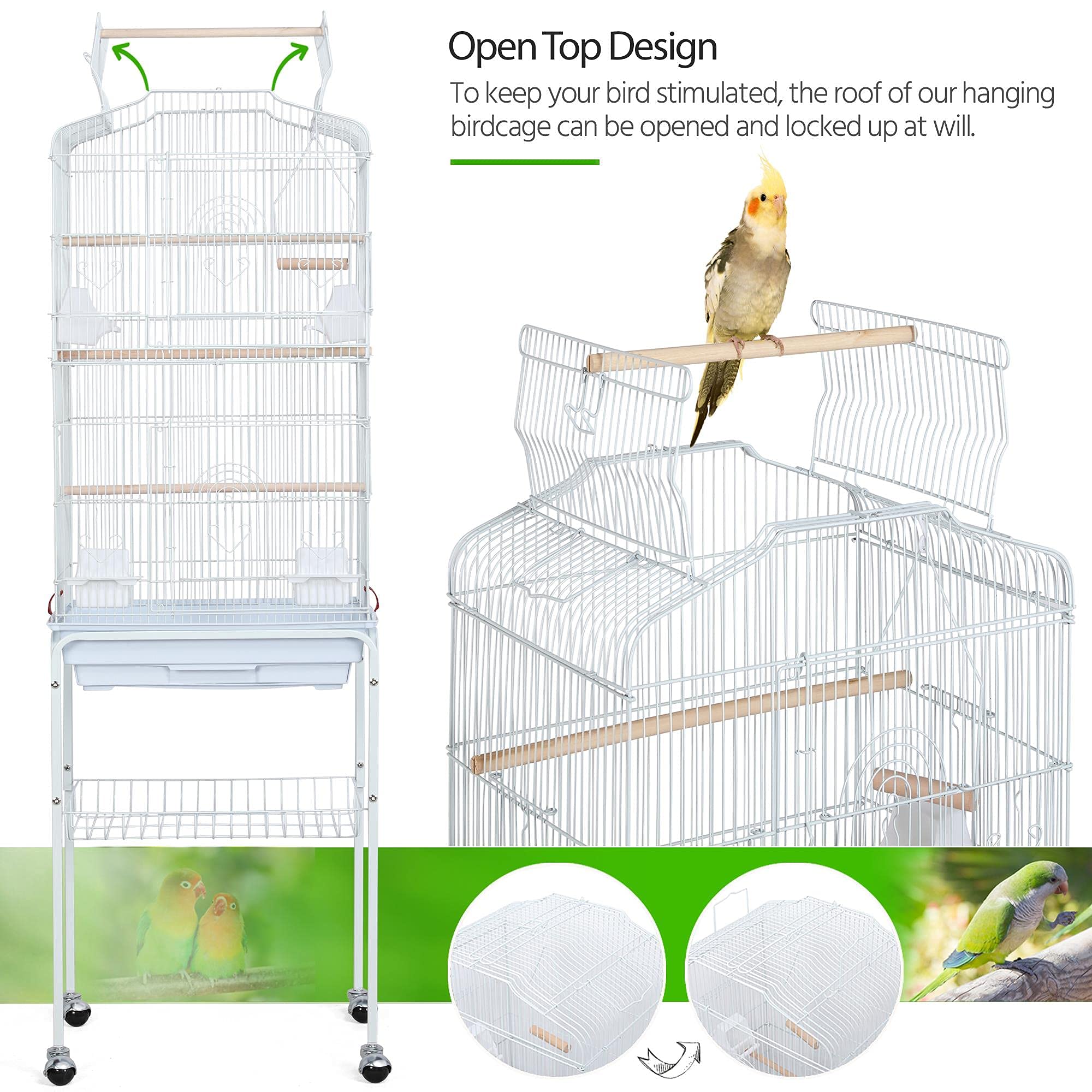 Yaheetech 64-Inch Open Play Top Bird Cages For Parakeets Cockatiels Finches Lovebirds Canaries Conures Budgies Parrot Birdcage W/Detachable Rolling Stand, White