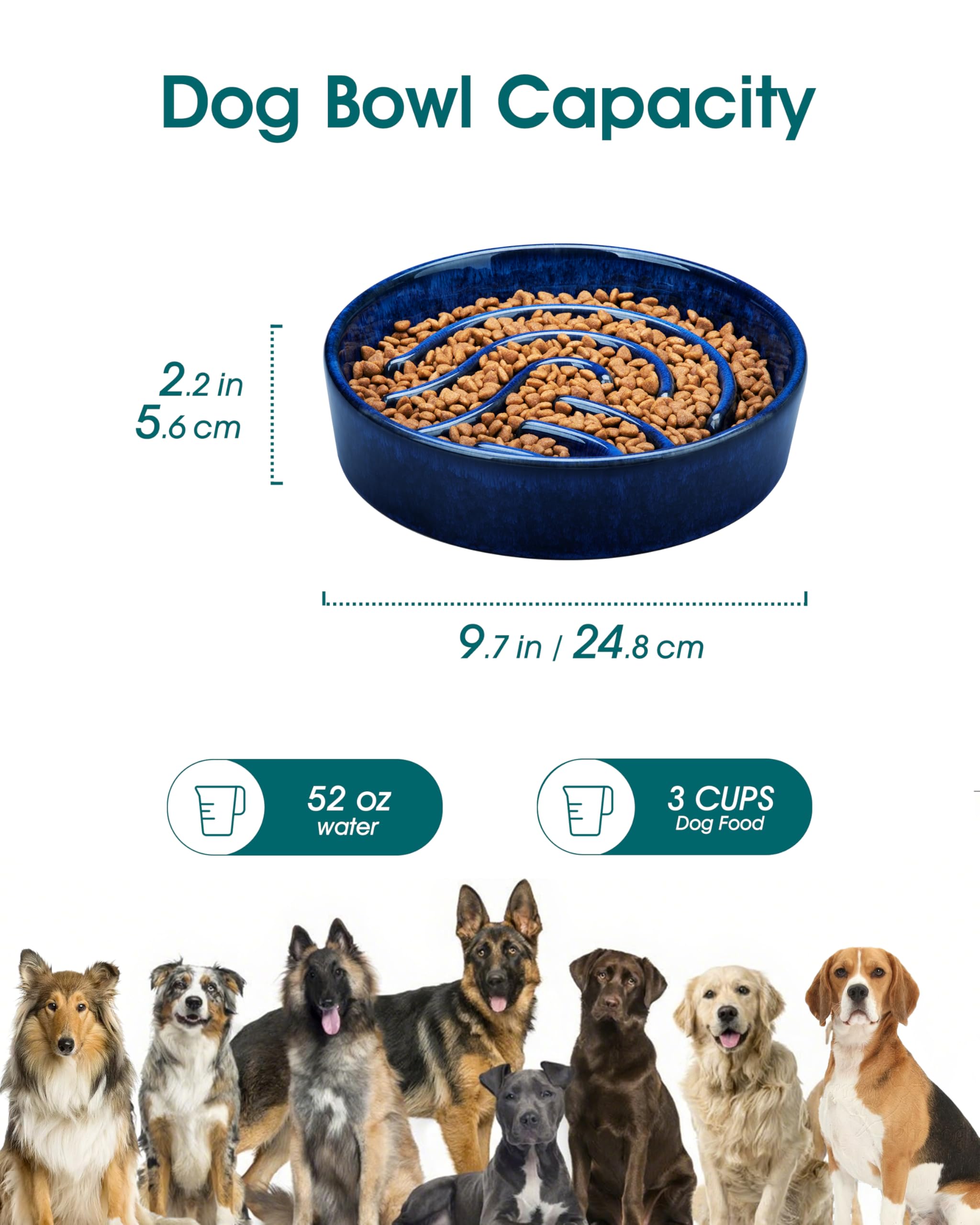 vancasso Slow Feeder Dog Bowl, 3 Cup Ceramic Slow Feeding Food Dish for Large Breed, Puzzle Dog Food Bowl for Fast Eater, Blue