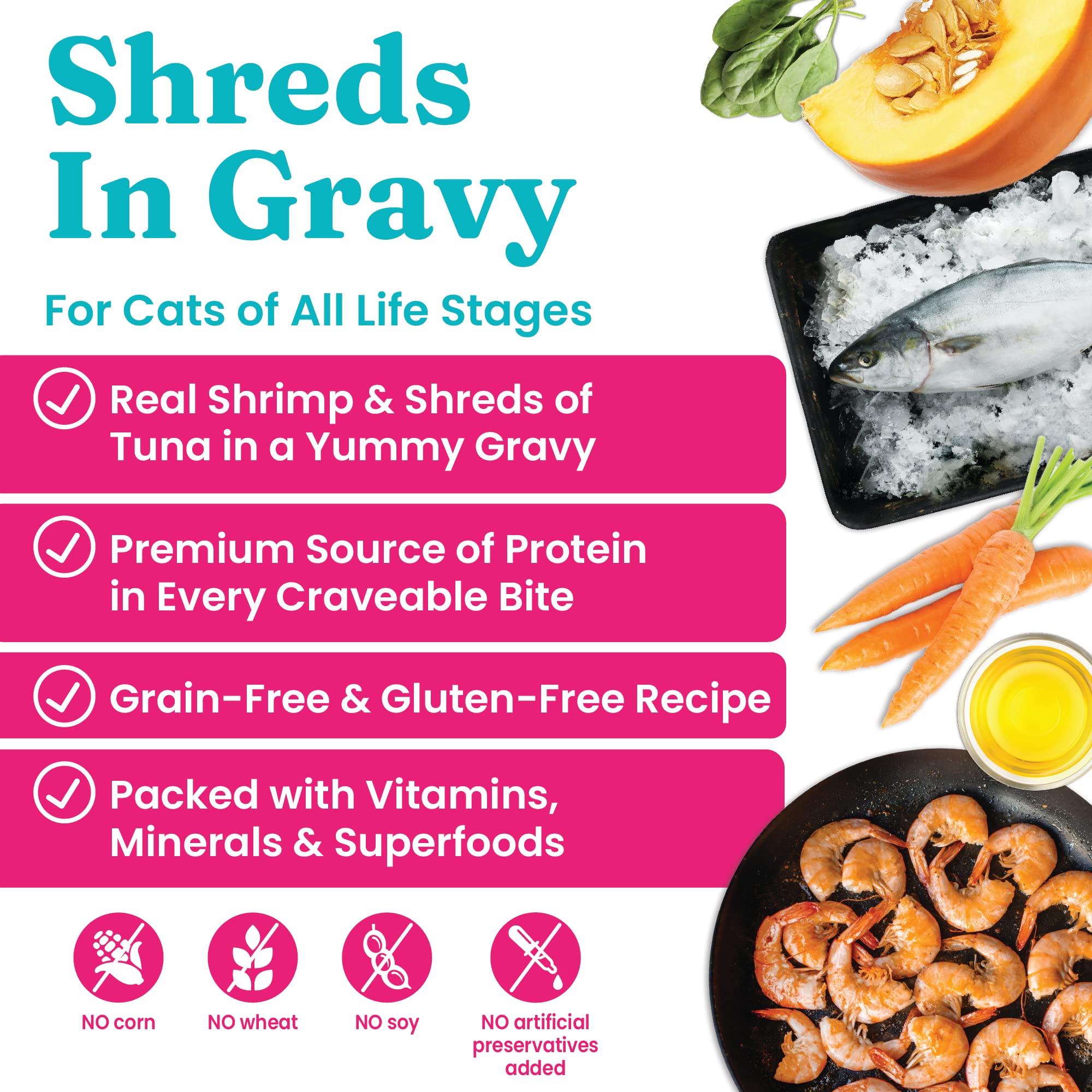Solid Gold Wet Cat Food Shreds in Gravy - Canned Cat Food Made w/Real Tuna & Shrimp - Five Oceans Grain Free 16ct/6oz Can