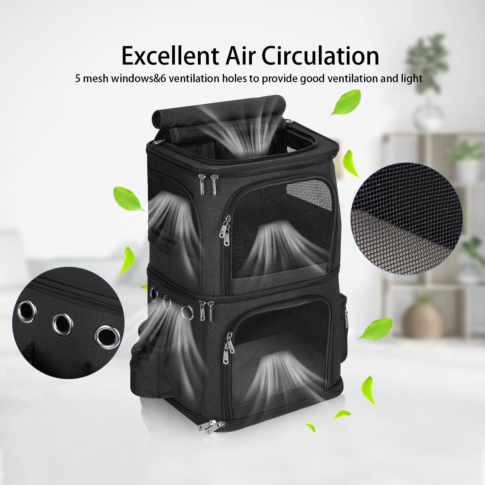 Hovono Double-Compartment Pet Carrier Backpack For Small Cats And Dogs, Cat Travel Carrier For 2 Cats, Perfect For Traveling/Hiking/Camping, Black