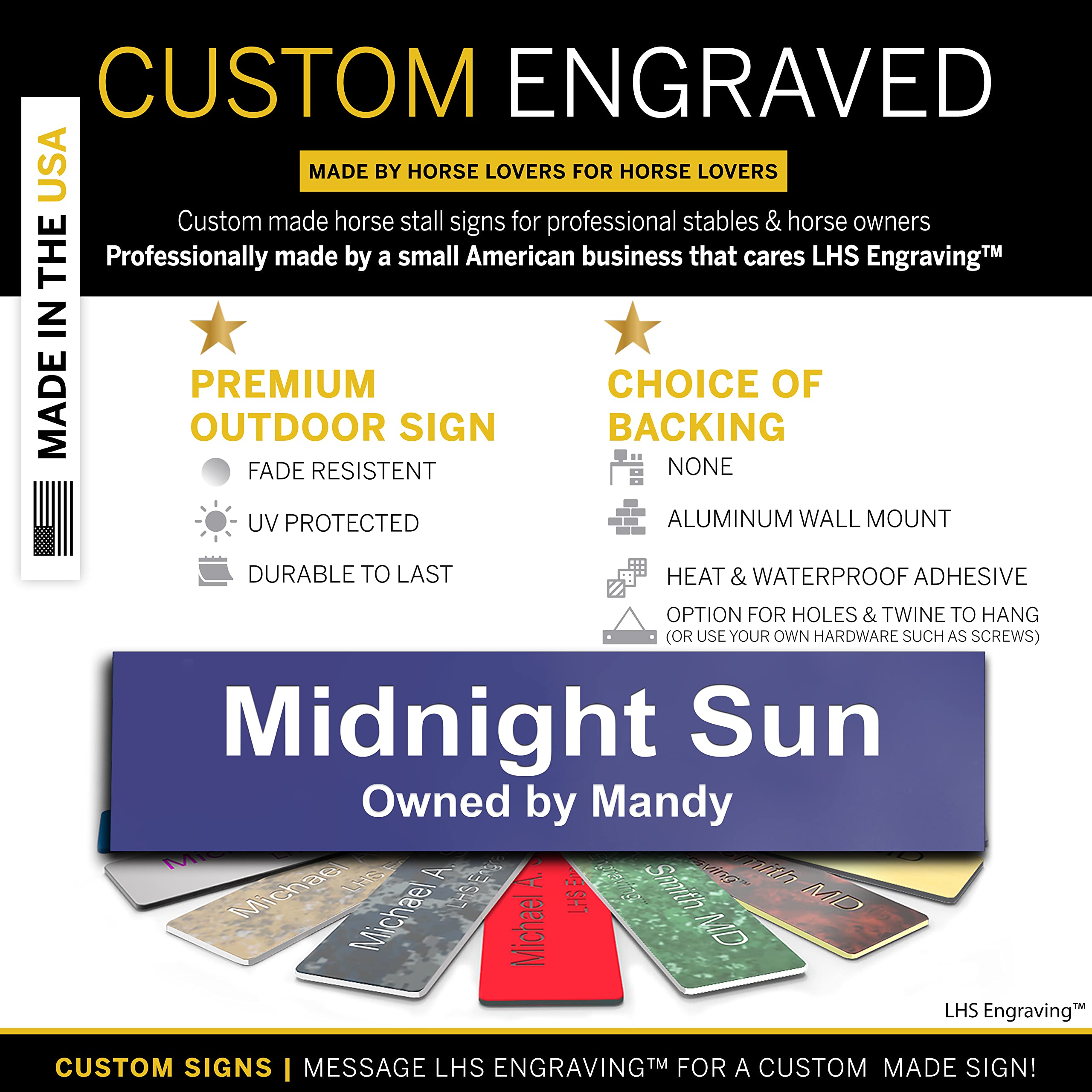 Lhs | Horse Stall Name Plate, 2X10 Personalized Stall Signs, Uv Protected, All Weather Adhesive, Hanging, Mounting Or Other, Pur