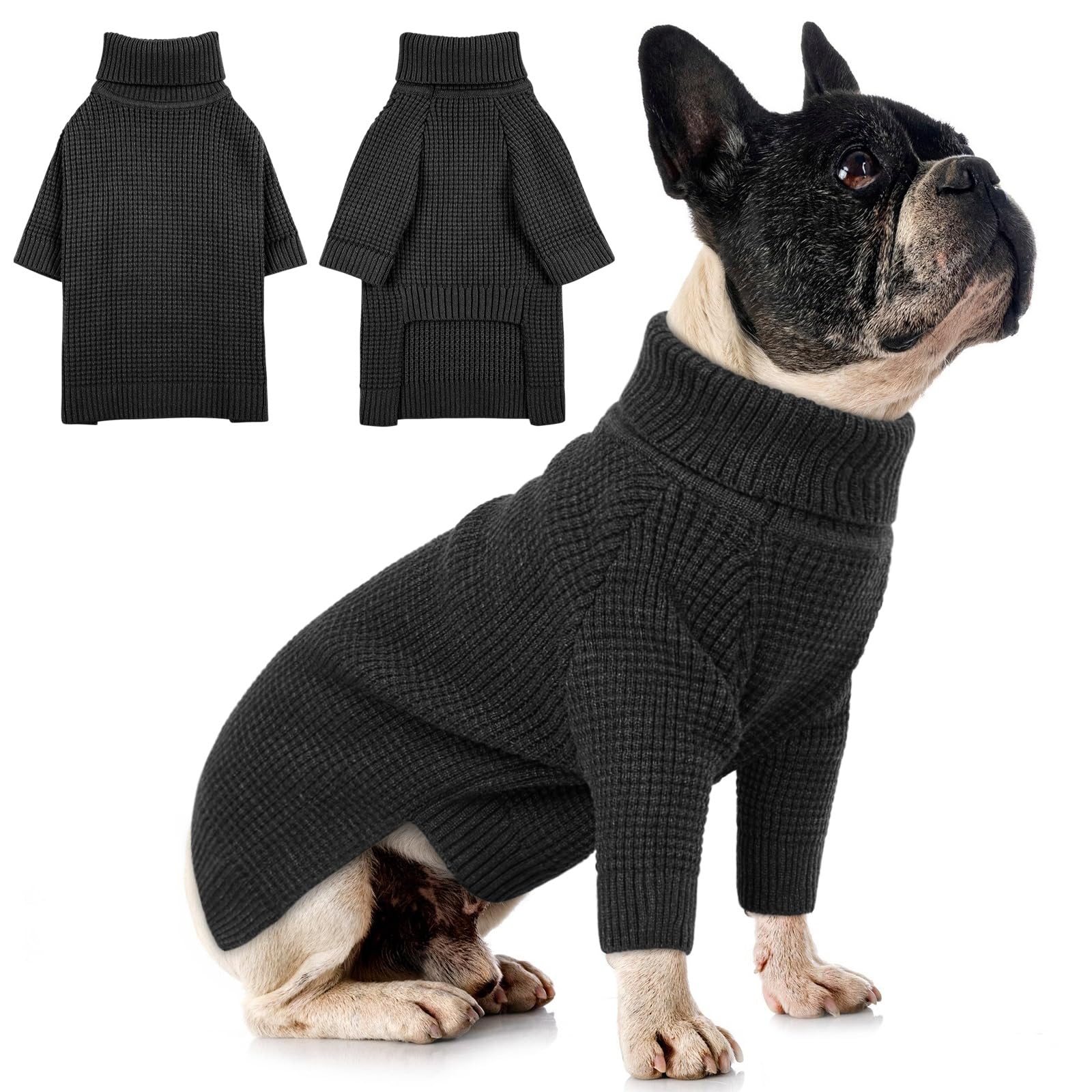 Queenmore Turtleneck Long Sleeve Knitted Sweater With Check Pattern, Warm Dog & Cat Sweater For Small To Large Pets, Charcoal Gr