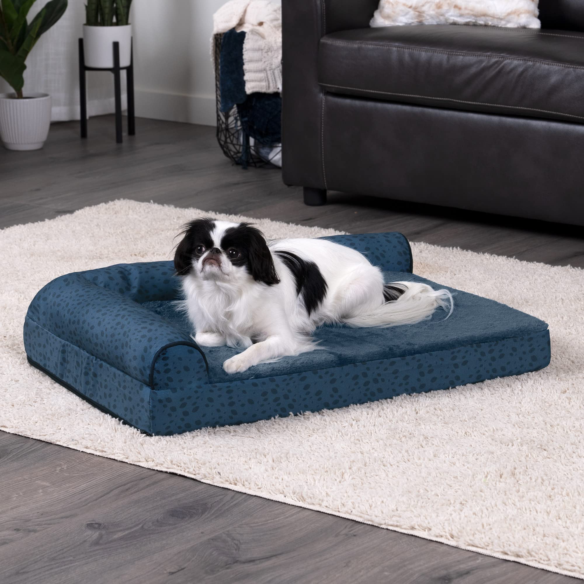 Furhaven Orthopedic Dog Bed For Medium/Small Dogs W/ Removable Bolsters & Washable Cover, For Dogs Up To 35 Lbs - Plush & Almond Print L Shaped Chaise - Blue Almonds, Medium