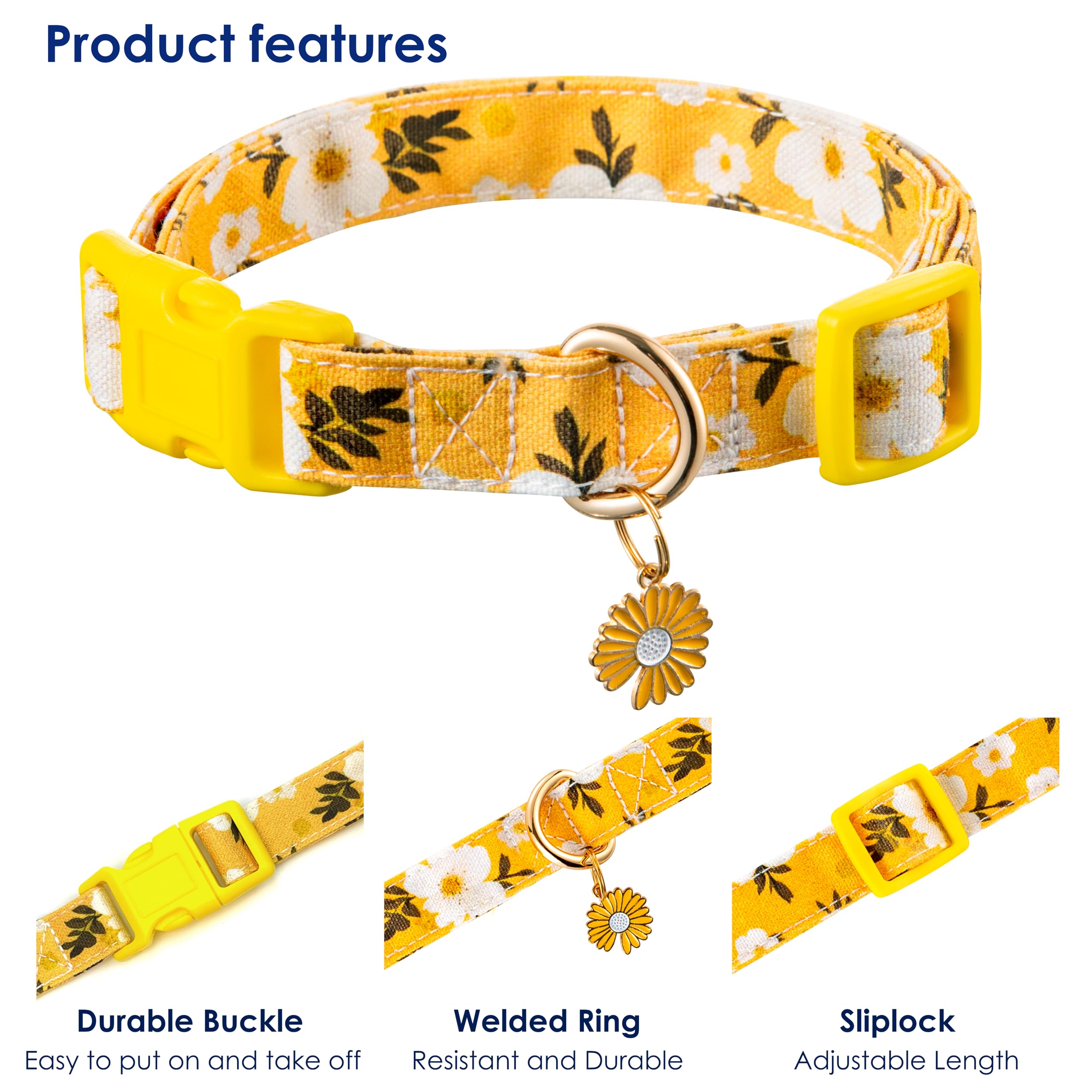 Raisingwell Cotton Dog Collar Yellow Flower Pattern For Boys And Girls Cute Dog Collars Summer Fall Gift Adjustable For Small To