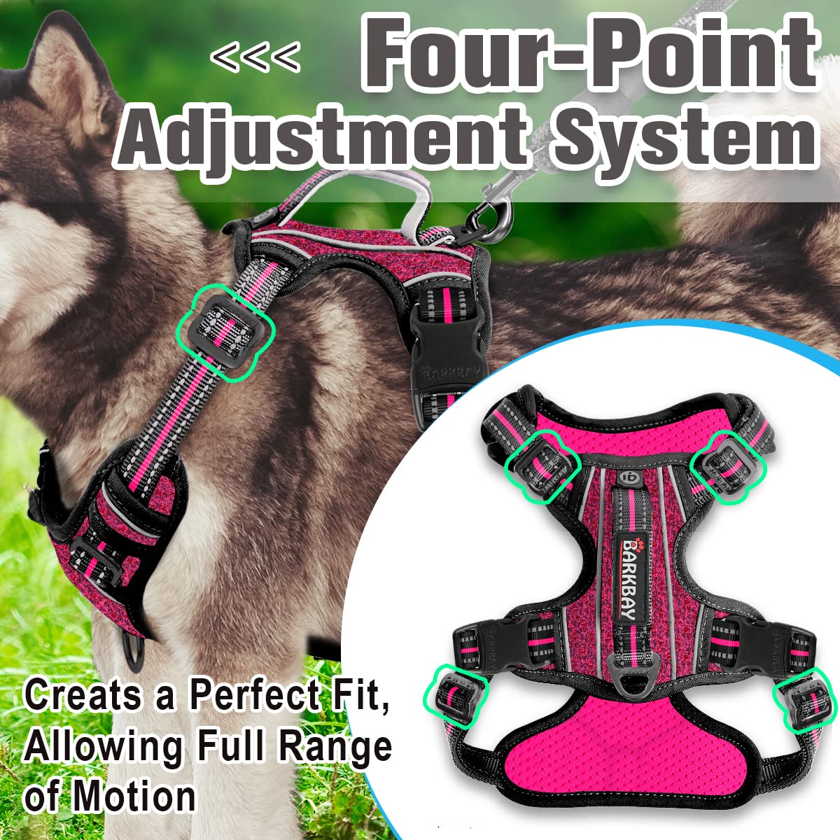 Barkbay No Pull Dog Harness Front Clip Heavy Duty Reflective Easy Control Handle For Large Dog Walking With Id Tag Pocket(Pink/Black,Xl)