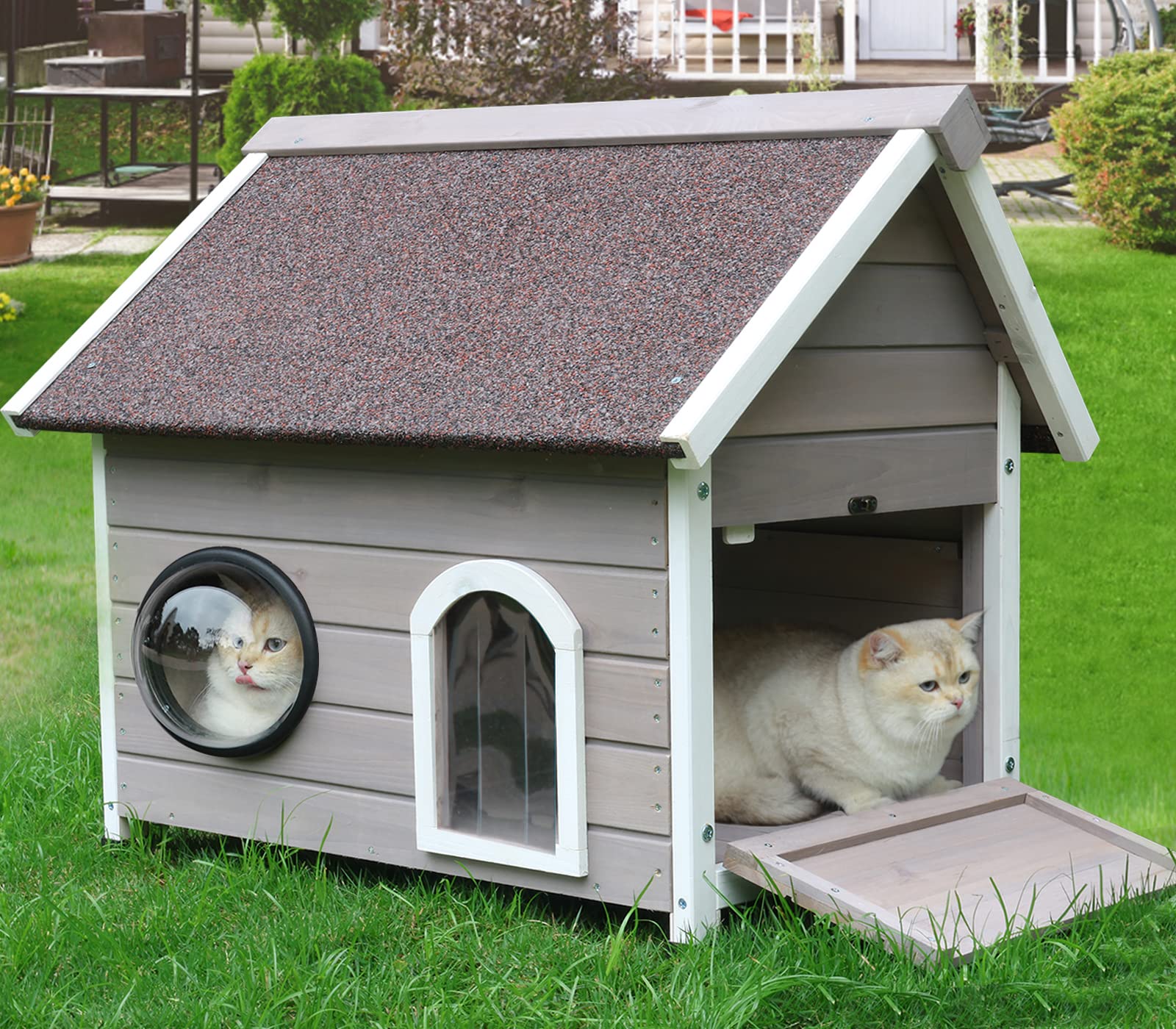 Rockever Outdoor Cat House, Feral Cat House Outdoor Weatherproof With Escape Door And Clear Windows For 2 Cats (Grey)