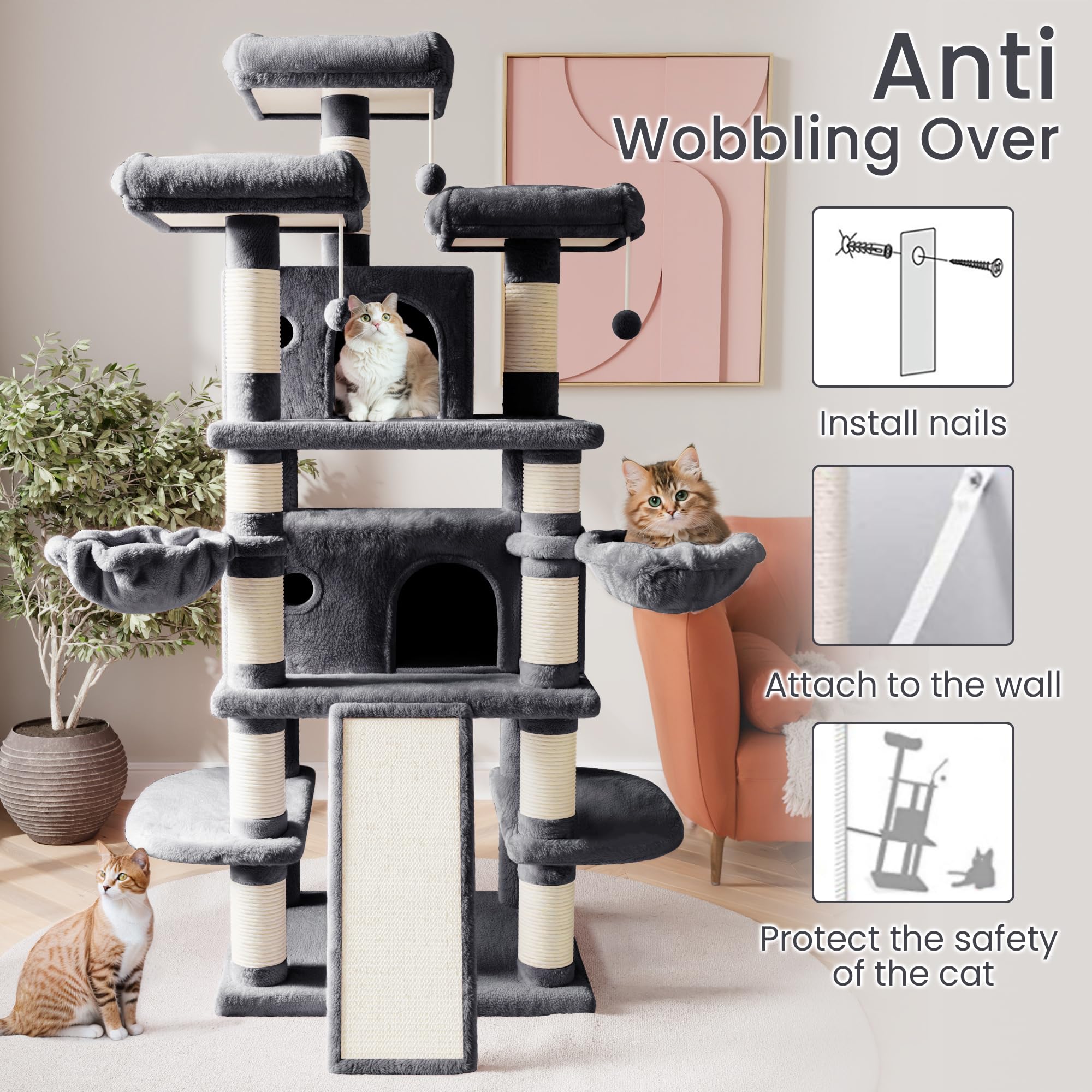 Sha Cerlin 68 Inches Multi-Level Large Cat Tree For Large Cats/Big Cat Tower With Cat Condo/Cozy Plush Cat Perches/Sisal Scratching Posts And Hammocks/Cat Activity Center, Dark Grey