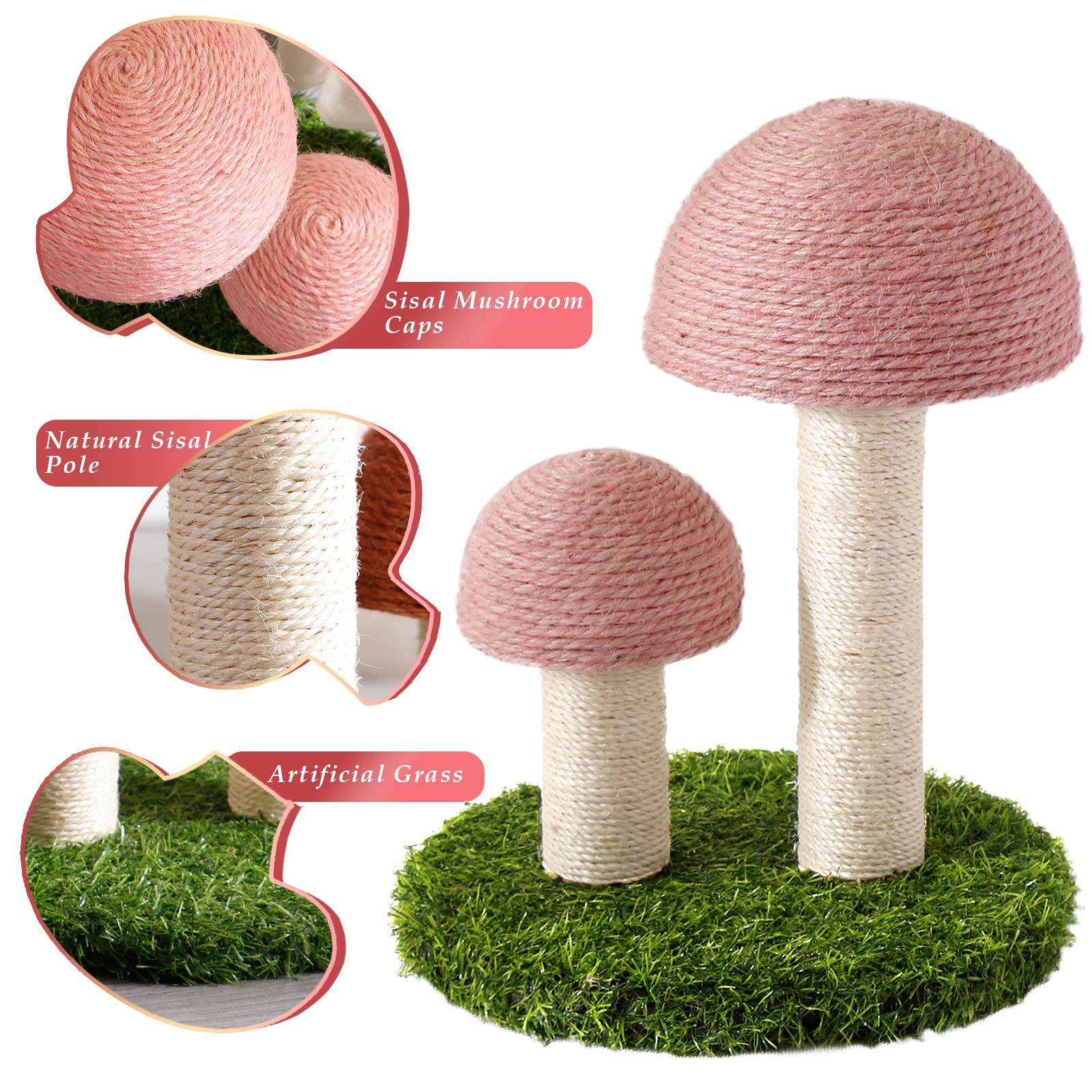 Lihaobm Cat Scratching Post - Mushroom Cat Scratcher Featuring With Natural Sisal Caps Scratch Pole And Sturdy Base For Kittens & Small Cats - Pink