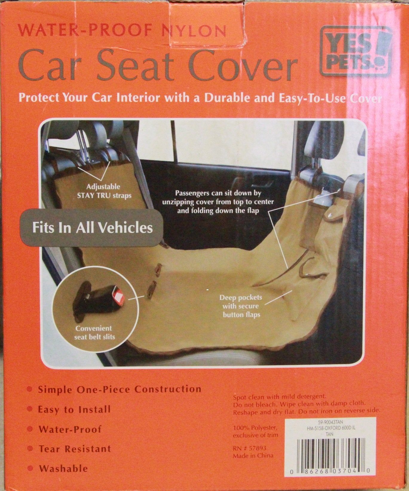 Yes Pets Oxford Hammock Style Waterproof Pet Car Seat Cover, Tan, Model 59-90294TAN for Cars, Trucks, and SUVs