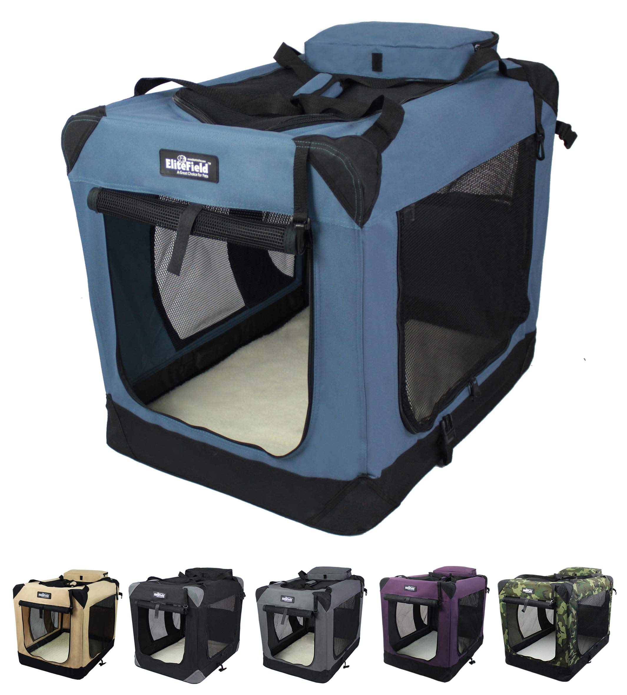 Elitefield 3-Door Folding Soft Dog Crate With Carrying Bag And Fleece Bed (2 Year Warranty), Indoor & Outdoor Pet Home (42'' L X