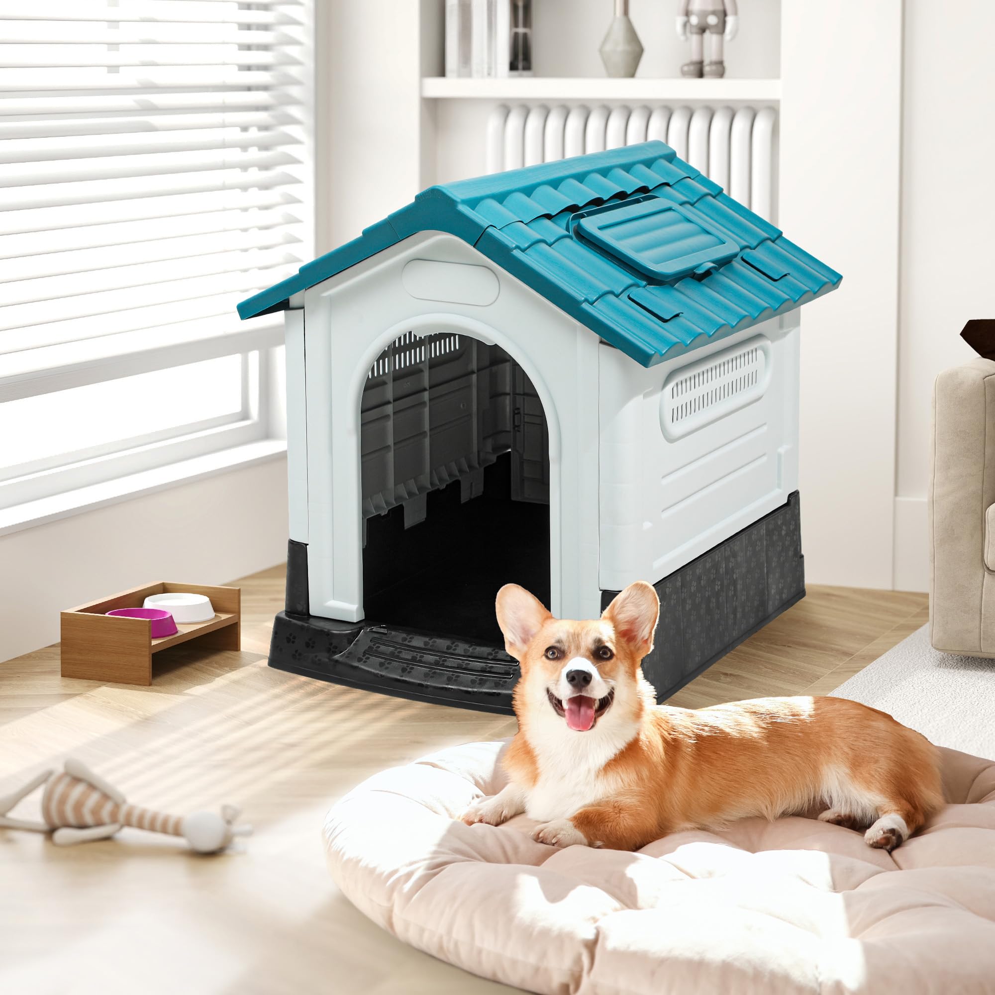 Dwvo 26.8'' Plastic Foldable Dog House For Small Dogs, Waterproof Folding Pet House With Adjustable Top Window And Elevated Base