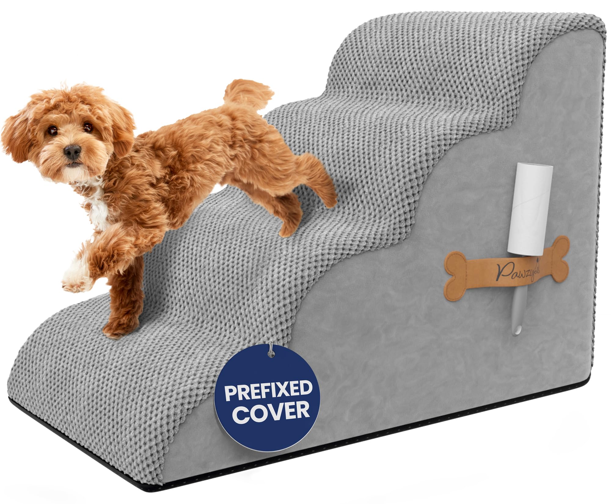 Pawzy Foam Pet Stairs For Bed, Couch Or Window Prefixed Cover - Wide Steps For Bed, Waterproof, Non-Slip Base - 4 Tier Ramp Dog 