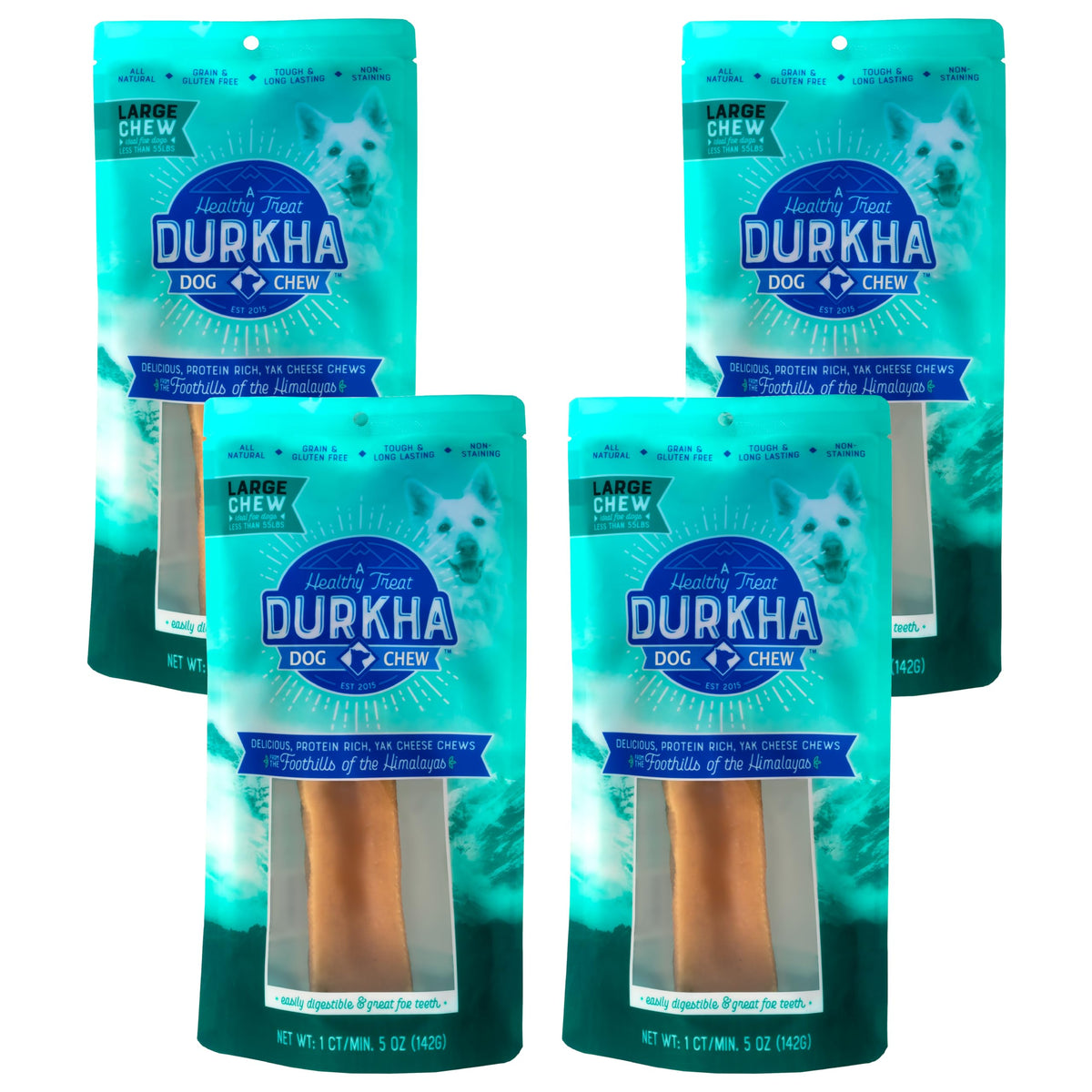 Durkha Yak Cheese Chews: Himalayan Yak Cheese Dog Chews- Natural, Healthy & Long Lasting Dog Treats - Grain, Gluten & Lactose-Free Rawhide Alternatives, For Dogs 55 Lbs And Smaller, 4 Pack Of Large