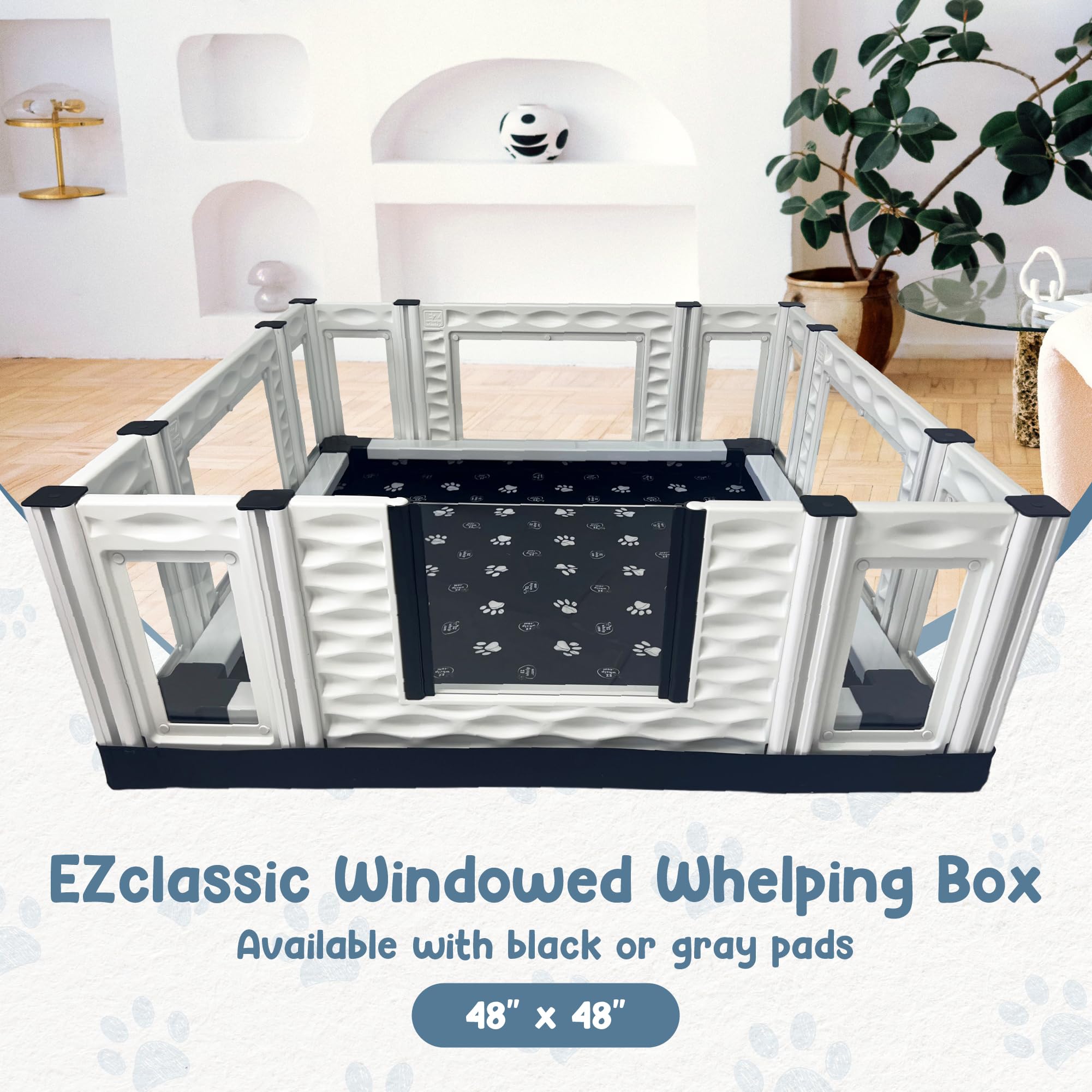 Ezwhelp Ezclassic 48''X48''X18'' Whelping Box With Rails And Windowed Walls, Padded Dog Whelping Box, Gray Pad