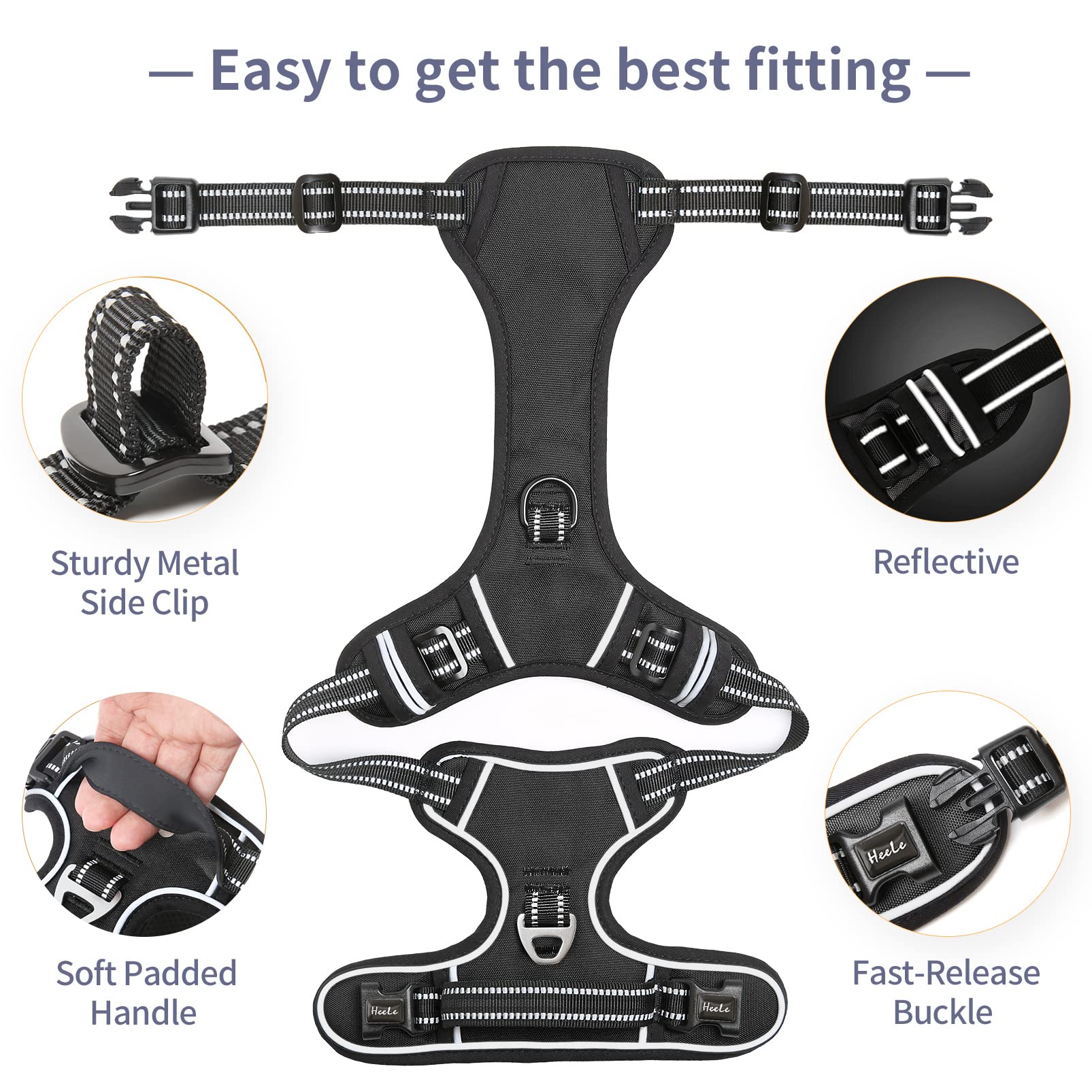 Heele Dog Harness Dog Harness Small Dog No Pull Harness With Soft Handle Reflective Harness Adjustable, Black, S