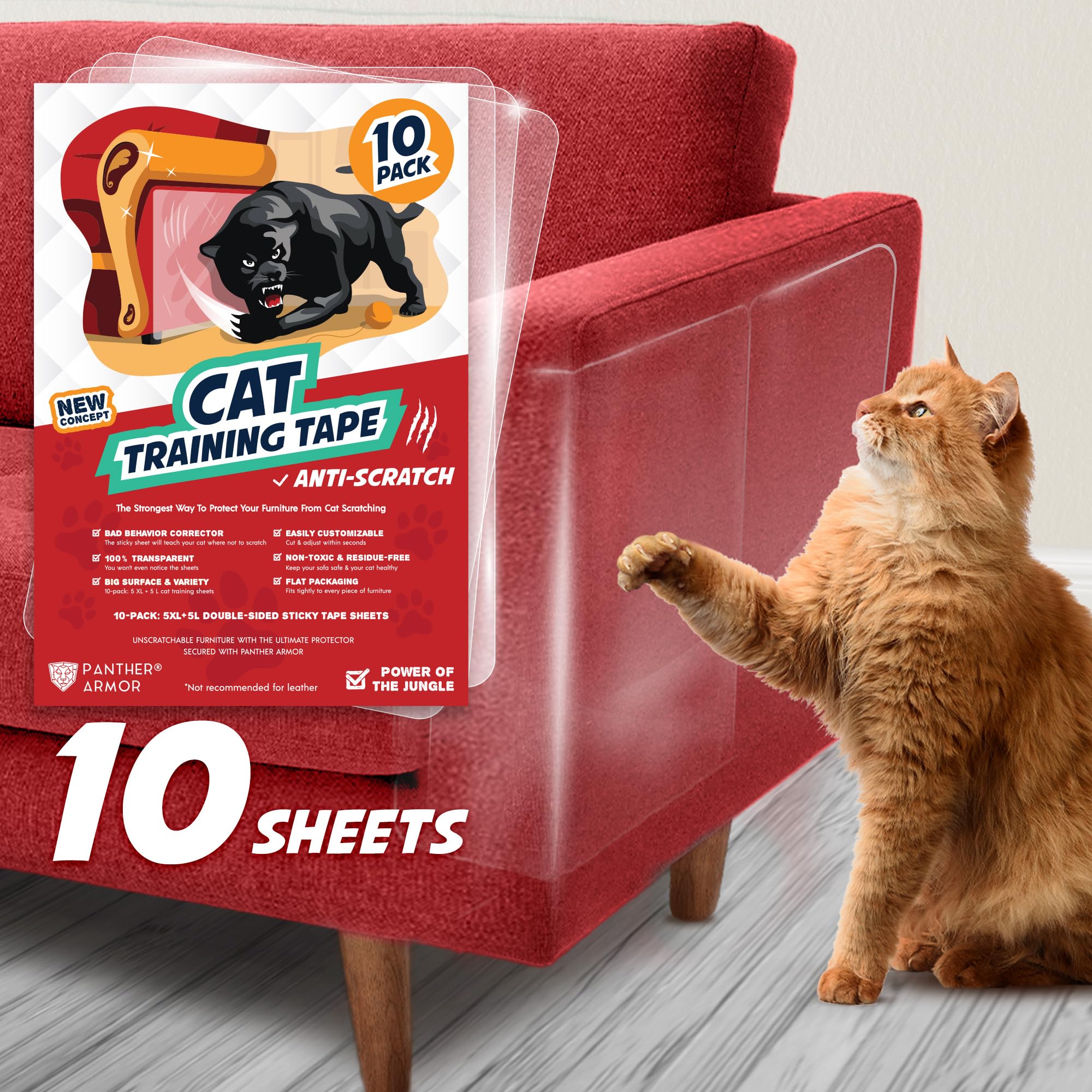 Panther Armor Cat Scratch Furniture Protector – Double Sided Anti Cats Scratching Sticky Tape – 10 Sheets, 5-Pack Xl 16' L 12' W + 5-Pack Large 17' L 10' W Furniture Protectors – Clear Training Tape