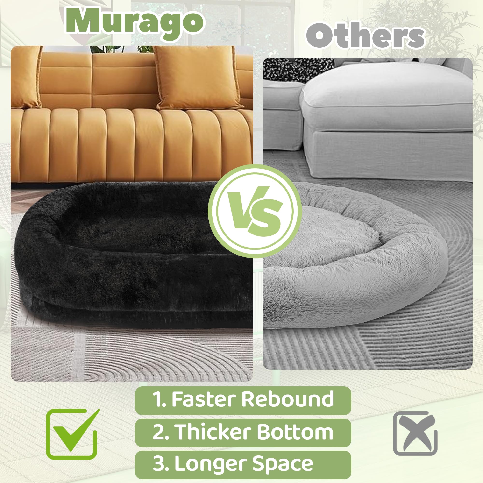 Murago Human Dog Bed For Adults, 40 X 10 X 71 Long Human Size Dog Bed, Removable Cover, Orthopedic Design, Black