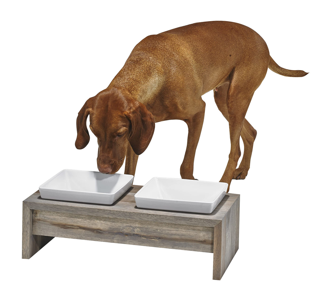 Bowsers Artisan Diner Double Dog Feeder - Handcrafted Rubberwood Frame With Square Ceramic Bowls Feeder For Dogs - Fossil, Extra Small, 12' X 6' X 2'