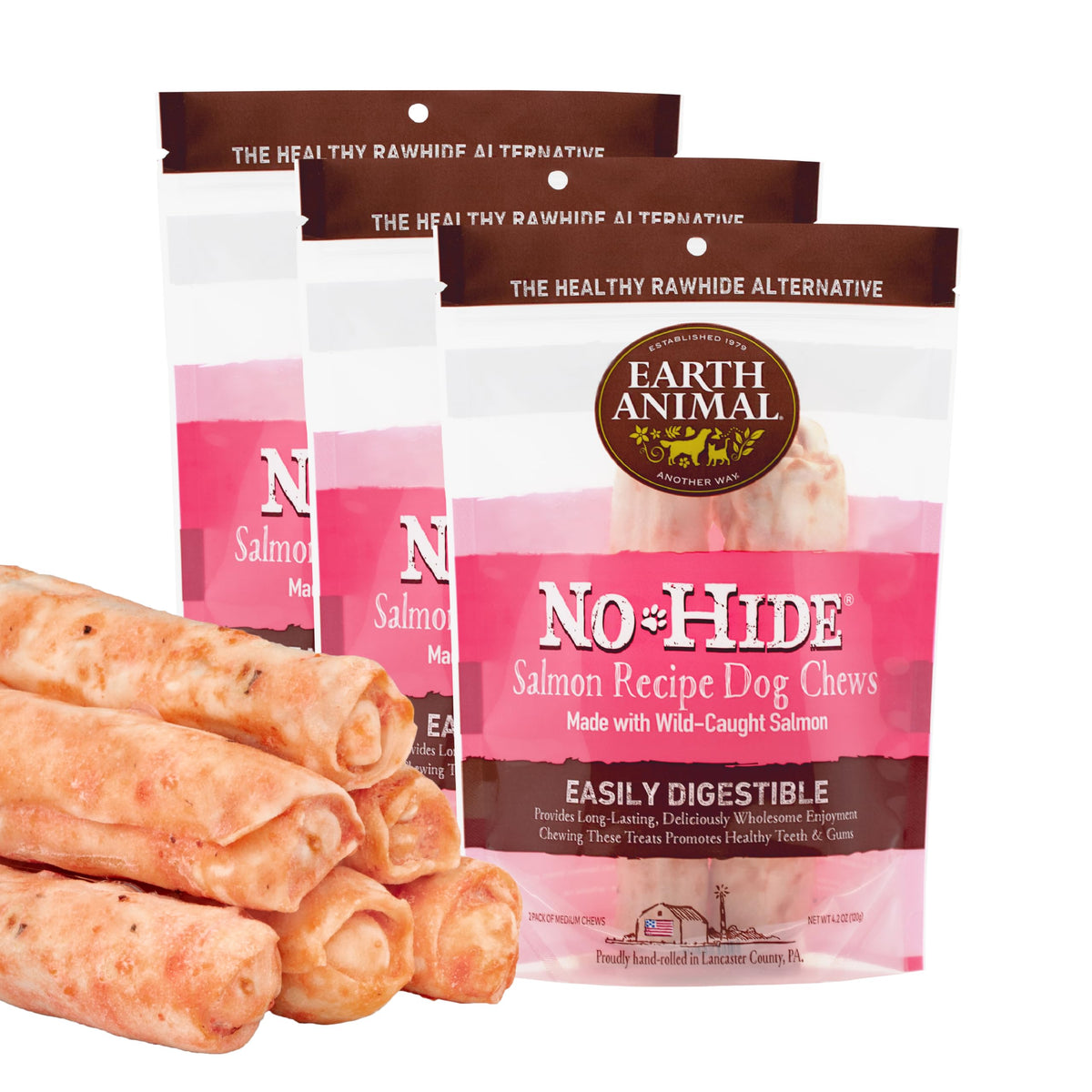 Earth Animal No Hide Medium Salmon Flavored Natural Rawhide Free Dog Chews Long Lasting Dog Chew Sticks | Dog Treats For Large Dogs | Great Dog Chews For Aggressive Chewers (3 Pack)