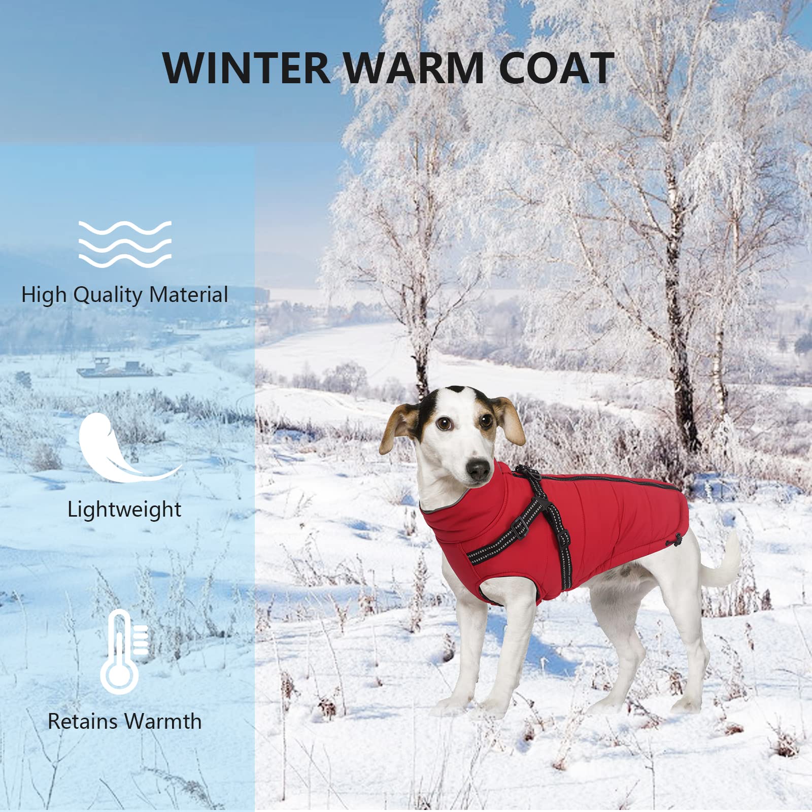 Geyecete Winter Warm Coat Waterproof Dog Jacket with Harness Traction Belt,Pet Outdoor Jacket Dog Autumn and Winter Clothes-Red-