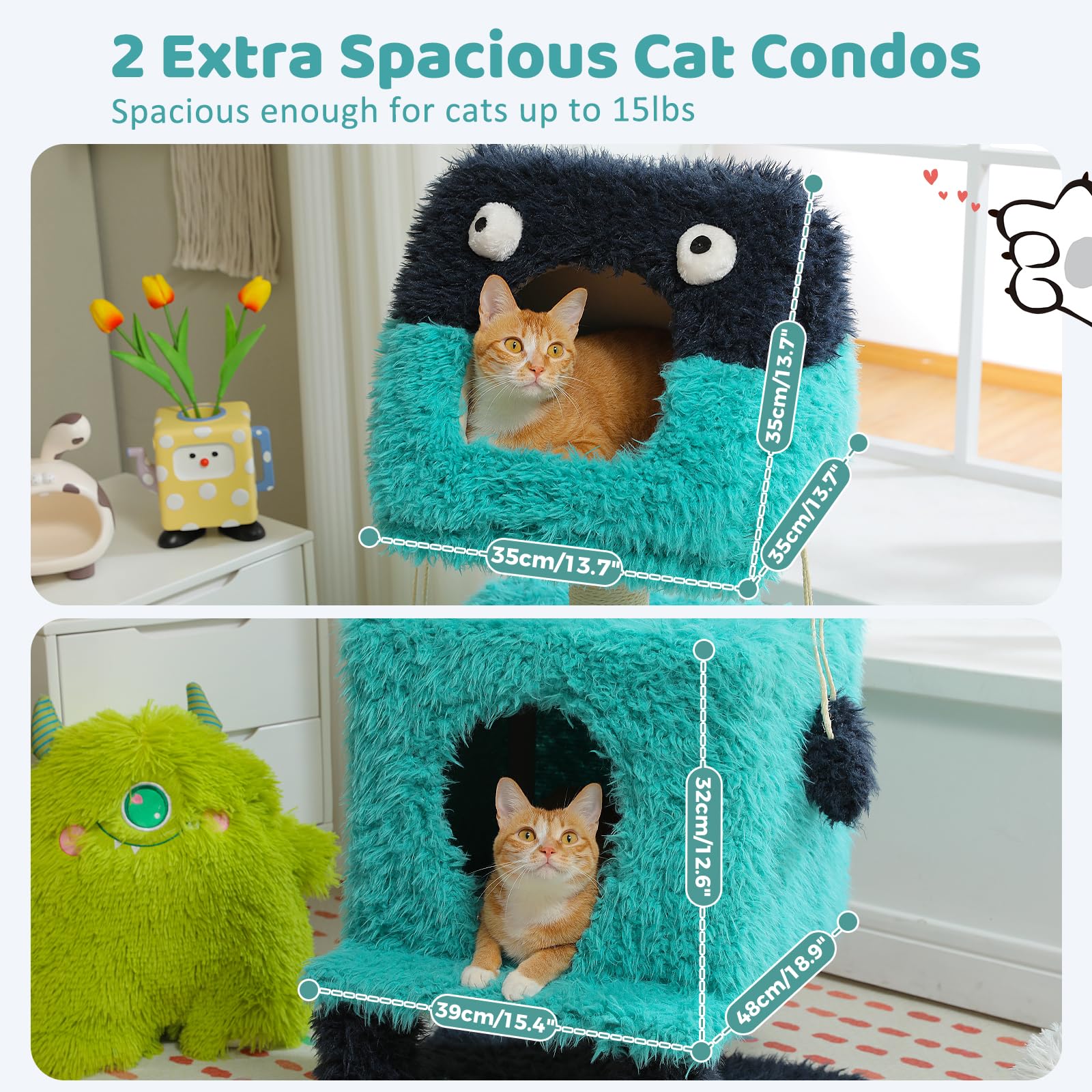 Pawz Road Cartoon-Themed Cat Tree, 2 In 1 Modern Cat Tree Tower With 2 Large Cat Condos, 3-Level Robot Artistic Modeling Cat Fur
