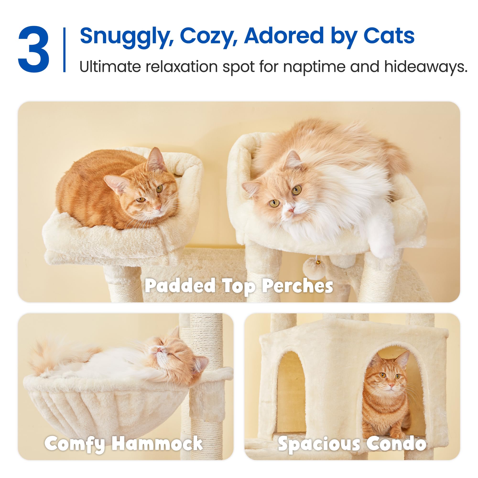 Mwpo Large Cat Tree For Indoor Cats, 63-Inch Cat Tower With 3 Cat Condos, Scratching Posts, Padded Perches, Hammock, Dangling To
