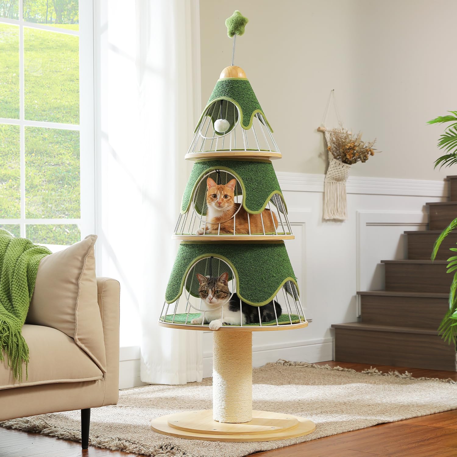 Muttros Modern Cat Tree - 51.2' W/Thick Scratch Post & 3 Condos - Heavy Duty Cat Furniture W/Metal Frame & Replaceable Mat For 