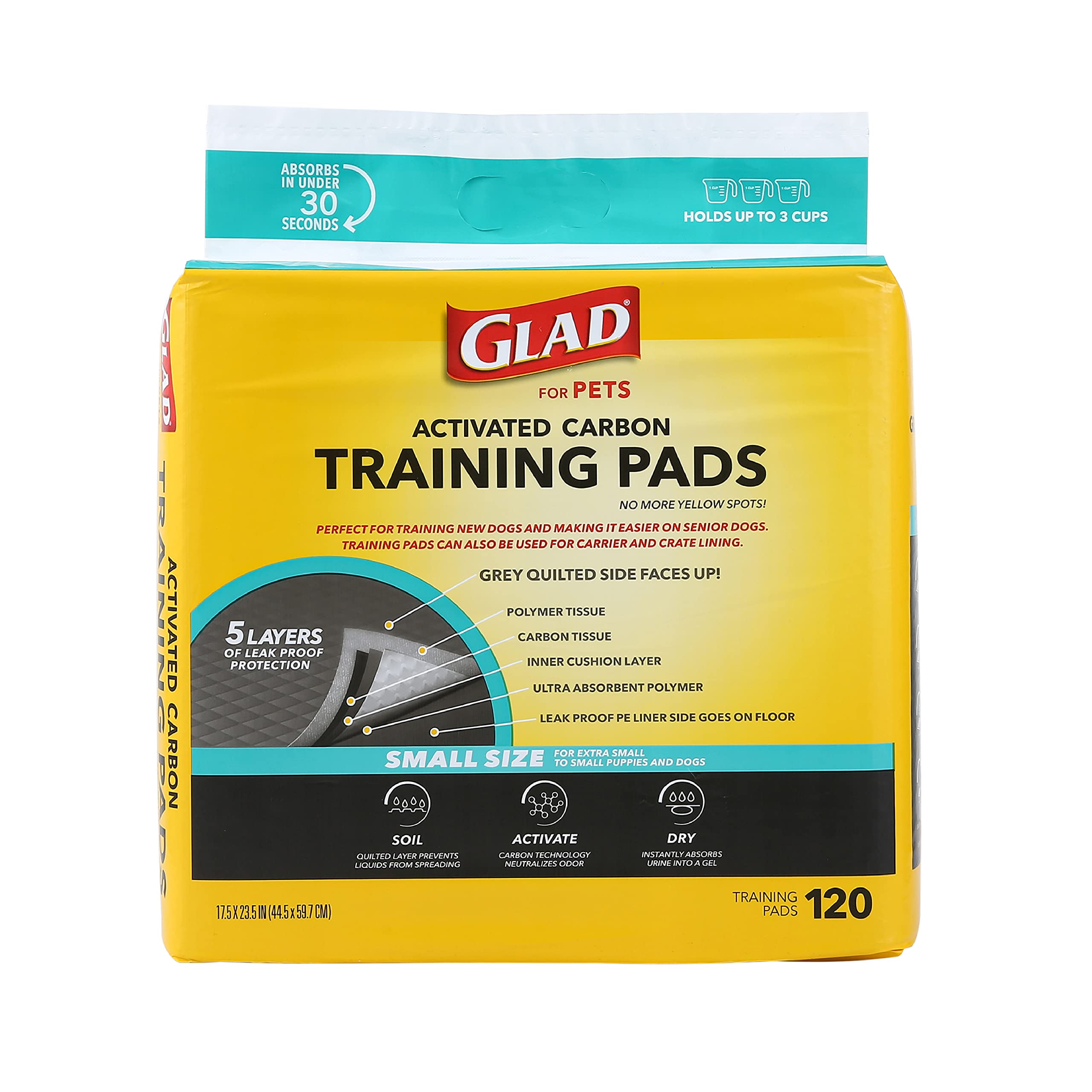 Glad For Pets Activated Charcoal Dog Training Pads, Small Size 17.5' X 23.5' | Odor Absorbing, Pee Pads For Dogs | Perfect For Training New Puppies, Grey, 120 Count