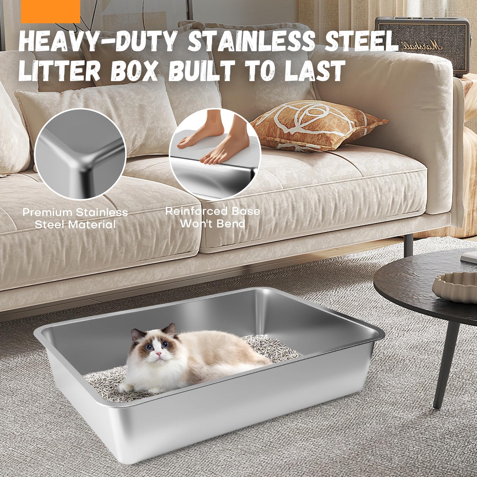 Homegroove Extra Large Stainless Steel Litter Box, 28x20x6 XXXL Metal Cat Litter Box for Big Cats with High Sides, Cat Litter Pa