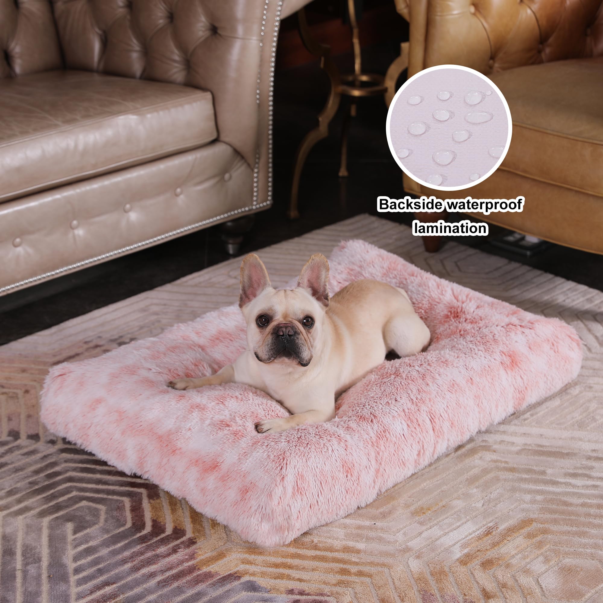 Bedfolks Waterproof Crate Bed For Dogs, Plush Kennel Pad With Removable Washable Cover, Faux Fur, Large (35''X23''), Pink