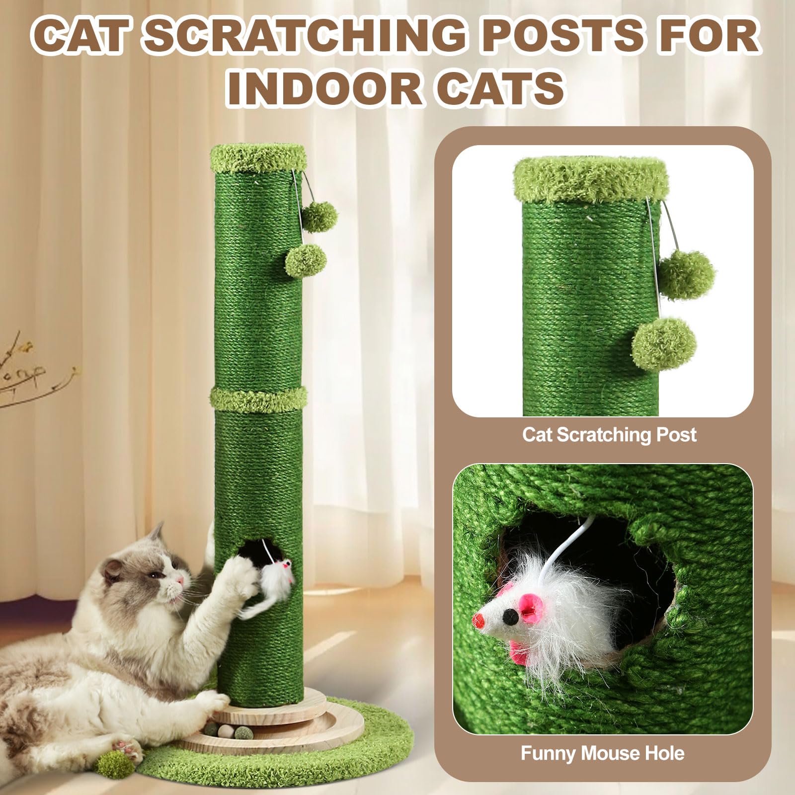 Oyx Scratching Posts For Indoor Cats Adults, 31.8 Tall Cat Scratching Post, Bottom Mouse Hole And Interactive Ball Track, Top