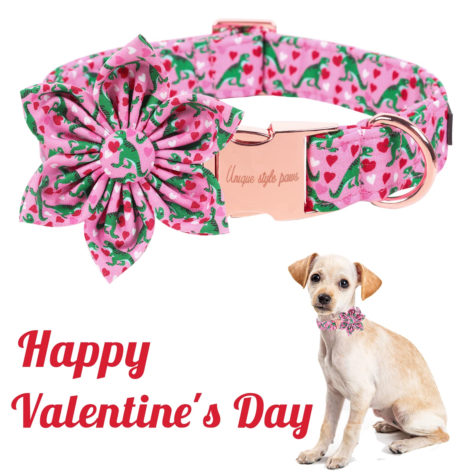 Unique Style Paws Dog Collar With Flower Tie Pink Dinosaur & Heart Puppy Collar Suitable For Small Medium Large Dogs With Adjustable Safety Metal Buckle For Valentine'S Day-S