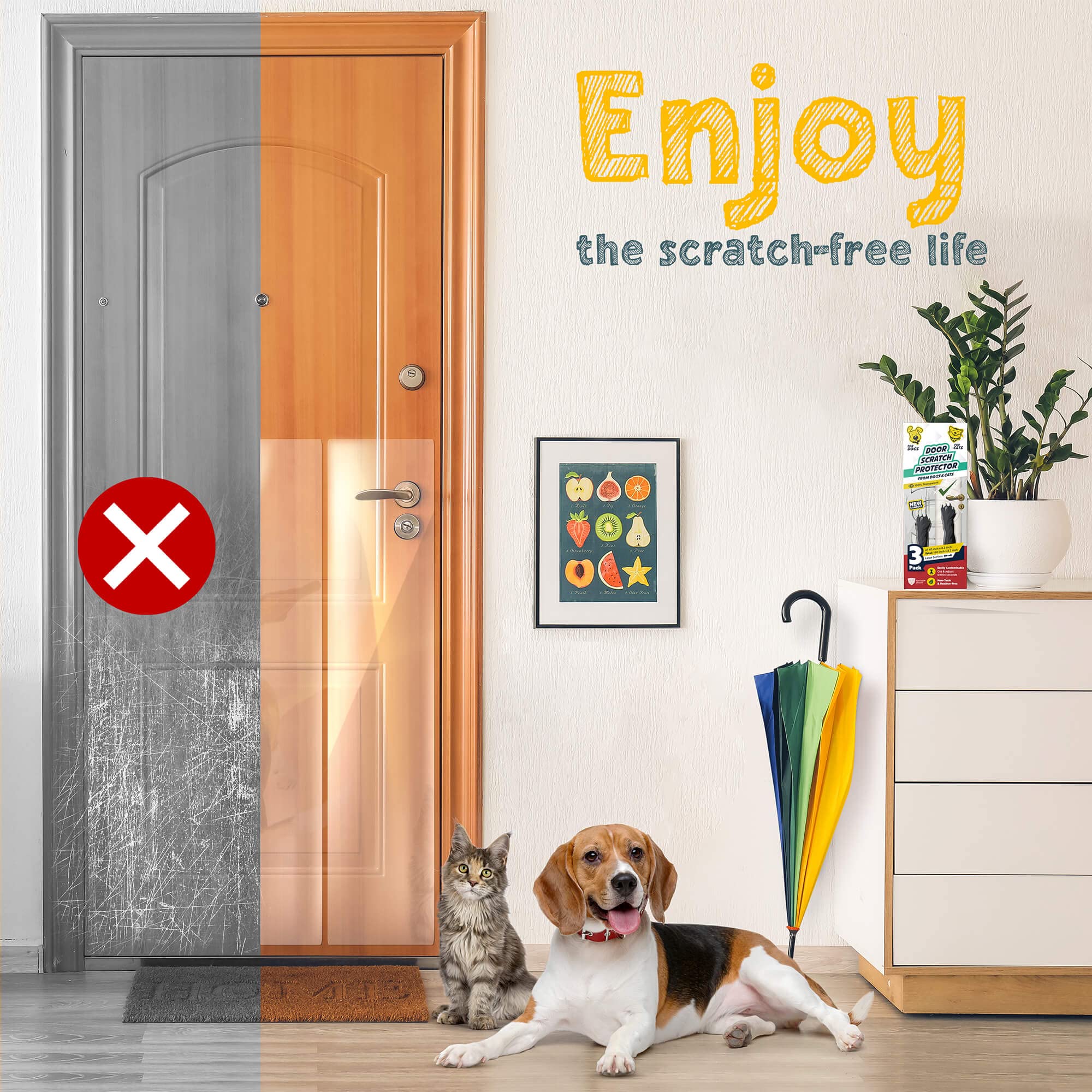 Panther Armor Cat Scratch Door Frame Protector - 3-Pack, 40"x8.2", Clear Plastic, Anti-Dog Scratch, Model DoorTape3Pack