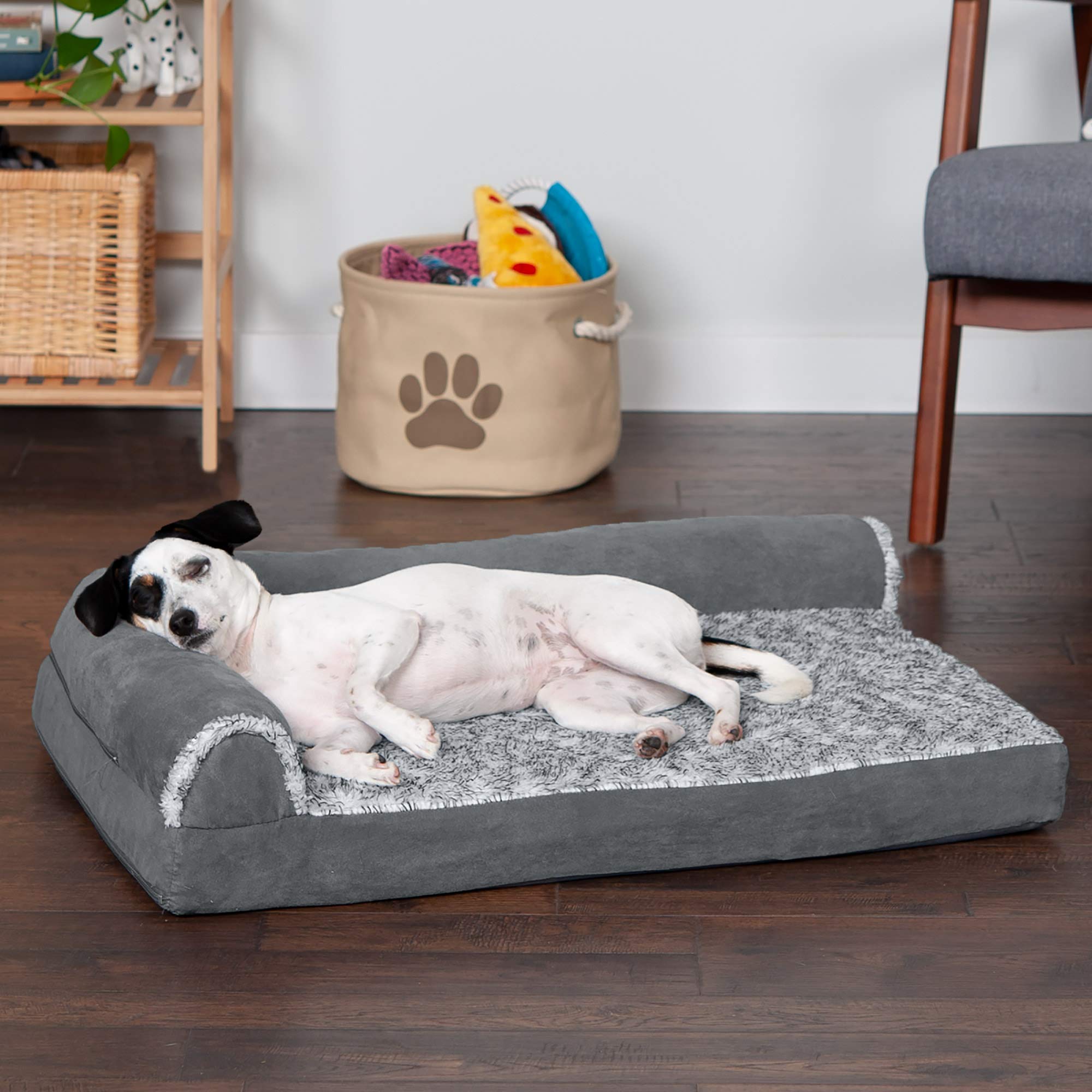 Furhaven Memory Foam Dog Bed For Medium/Small Dogs W/ Removable Bolsters & Washable Cover, For Dogs Up To 35 Lbs - Two-Tone Plush Faux Fur & Suede L Shaped Chaise - Stone Gray, Medium