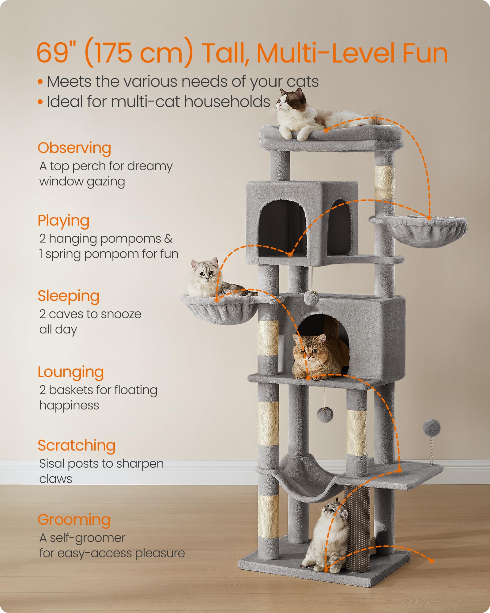 Feandrea Cat Tree, 69-Inch Tall Cat Tower for Indoor Cats, Multi-Level Cat Condo with 2 Caves, 2 Baskets, 5 Scratching Posts, Se