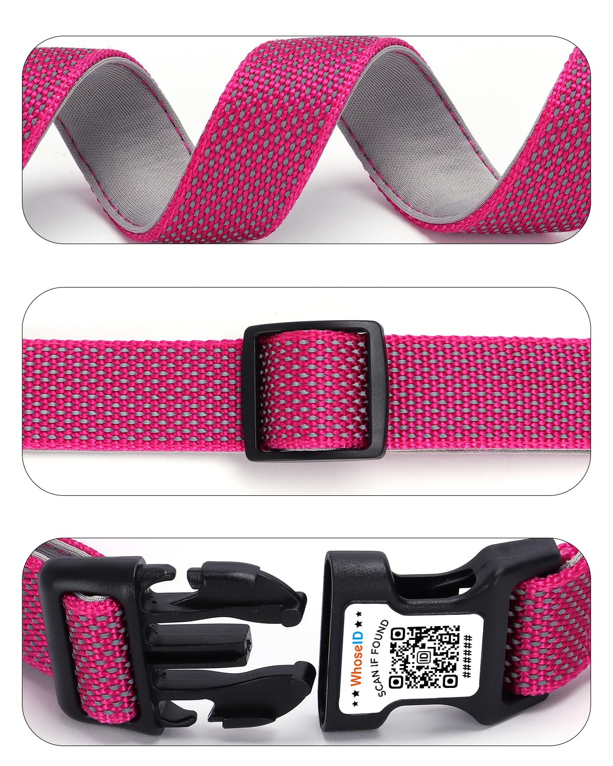 Whoseid Reflective Dog Collar With Airtag Holder,Adjustable Dog Collar With Neoprene Padded & Anti-Lost Qr Code Buckle (Rose, La